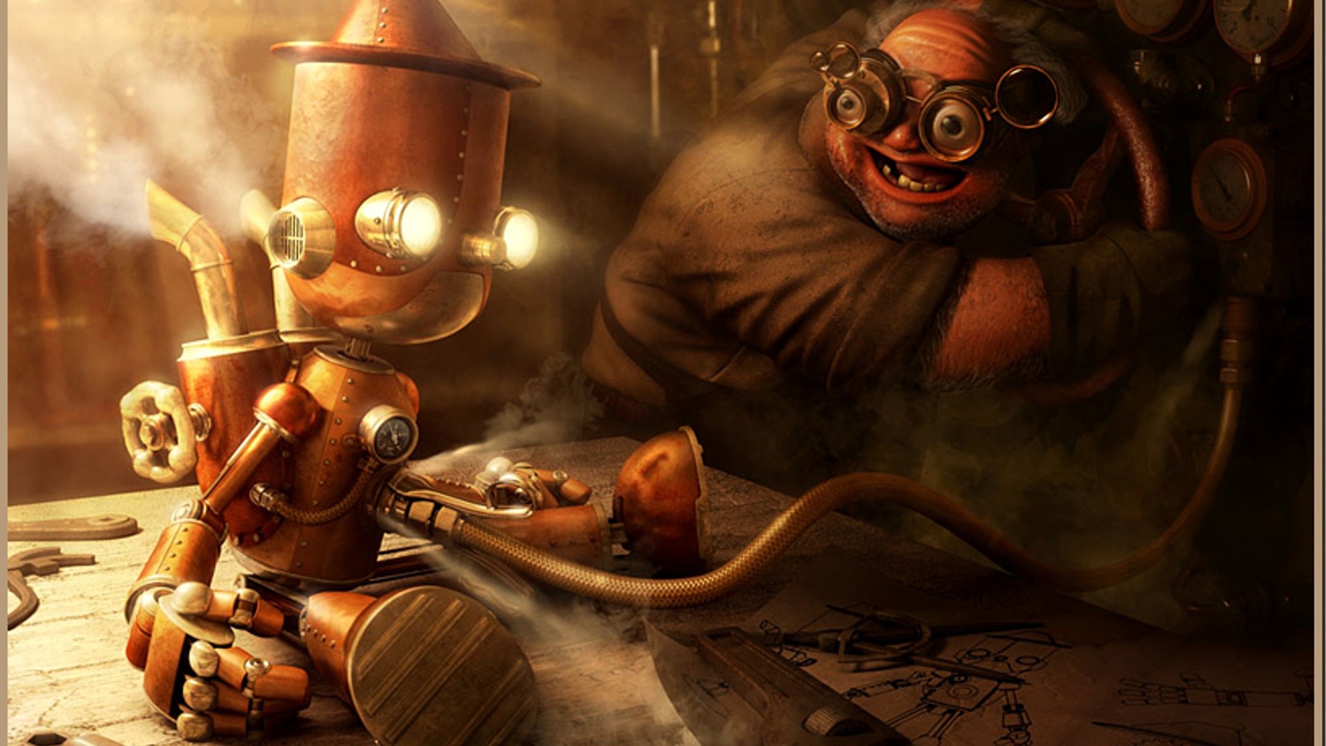 Robot di rame, Inventore, Occhiali, Illustrazione, Full HD, wallpaper desktop