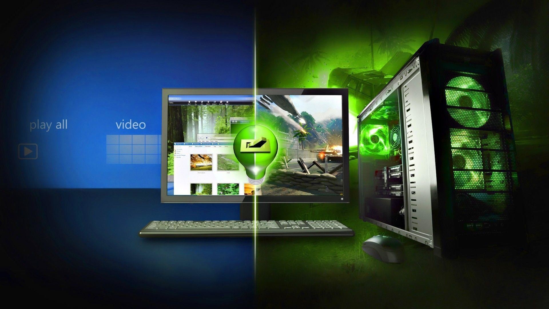 PC gaming, Case con LED, Monitor, Verde, 1920x1080, immagine di sfondo