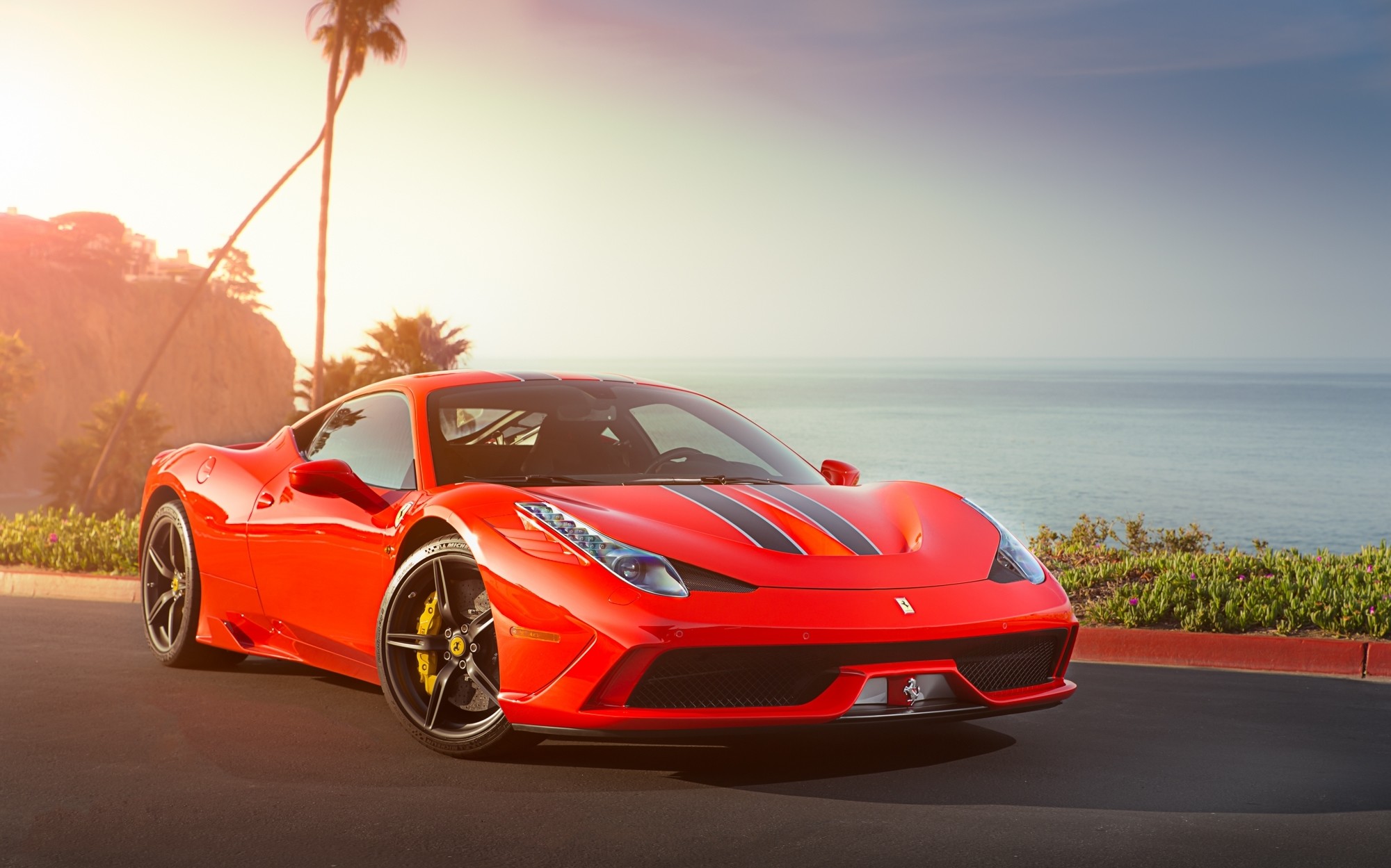 Ferrari 458 Speciale, Ferrari, Palme, Tramonto, 2000x1249, sfondo MacBook Pro