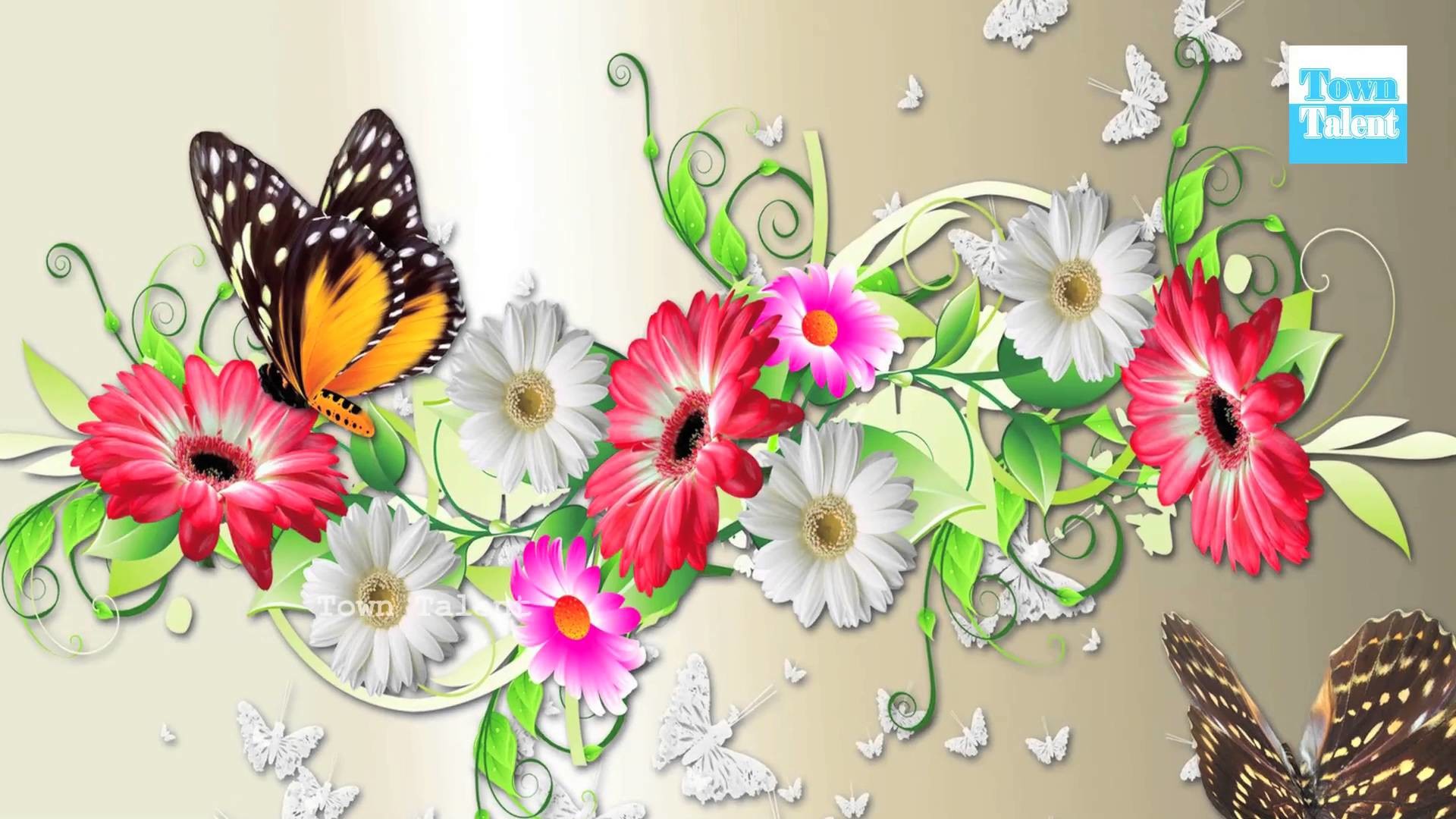 Farfalle, Gerbere, Margherite, Illustrazione, Full HD, sfondo Windows 11