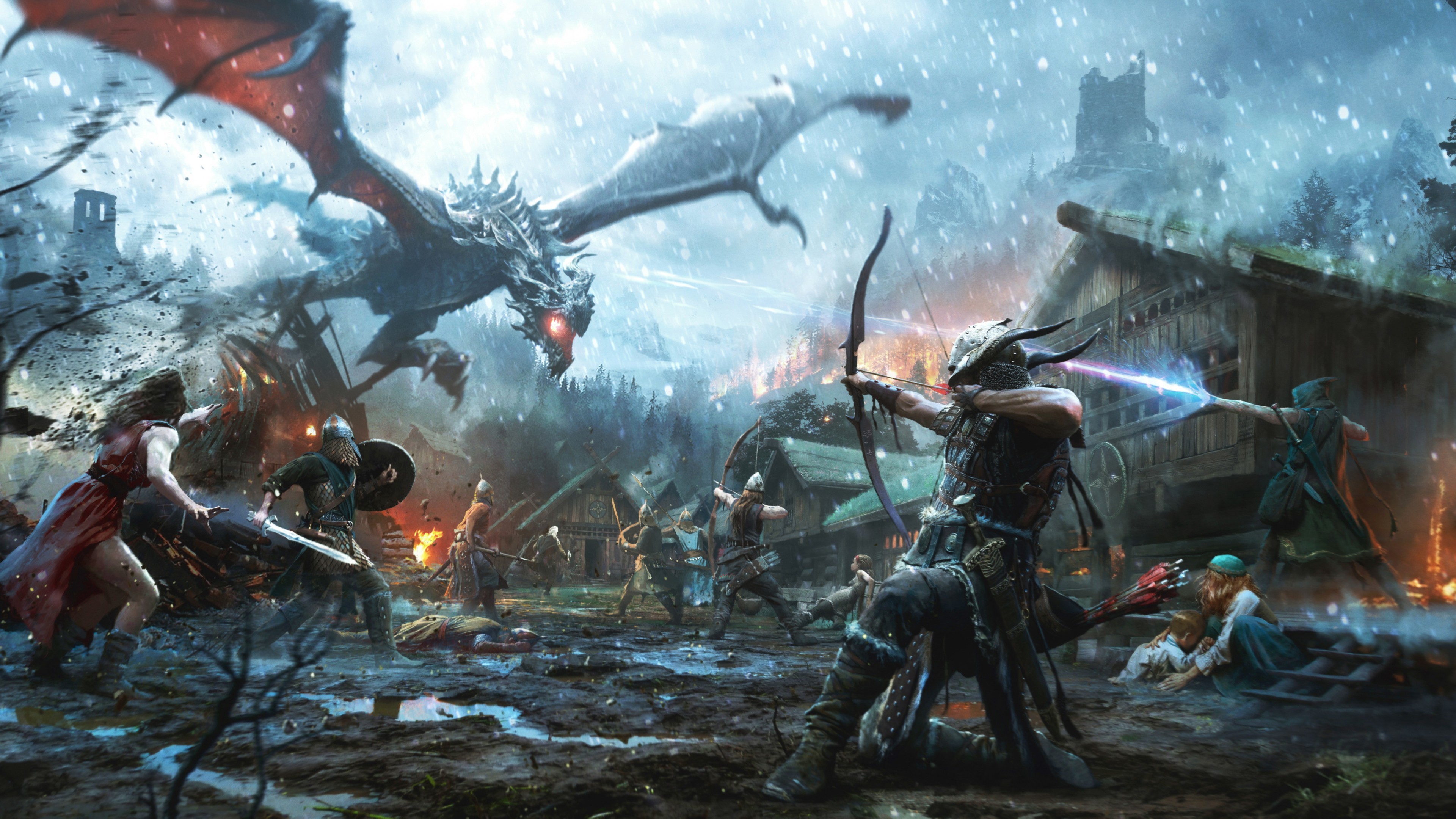 The Elder Scrolls V: Skyrim, Drago, Battaglia, Neve, 3840x2160, sfondo per PC
