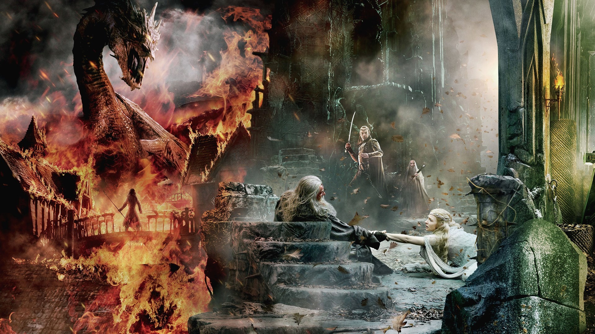 Smaug, Galadriel, Gandalf, Lo Hobbit: La battaglia delle cinque armate, Fuoco, sfondo Full HD