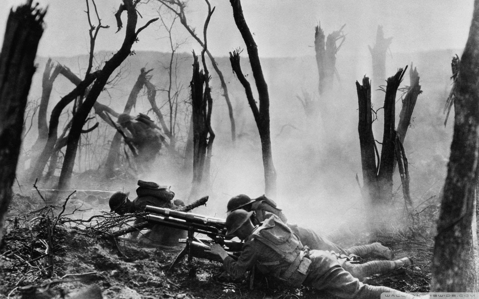 Prima guerra mondiale, Trincea, Mitragliatrice, Alberi spezzati, Bianco e nero, sfondo per PC