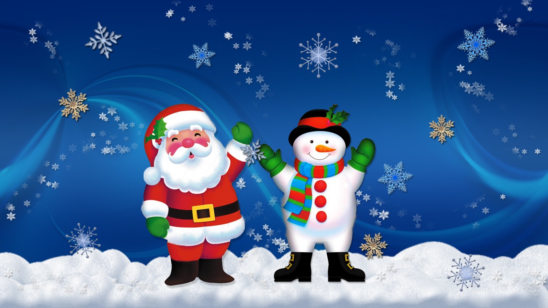 Babbo Natale, Pupazzo di neve, Fiocchi di neve, Cartone, Sfondo blu, wallpaper per portatile