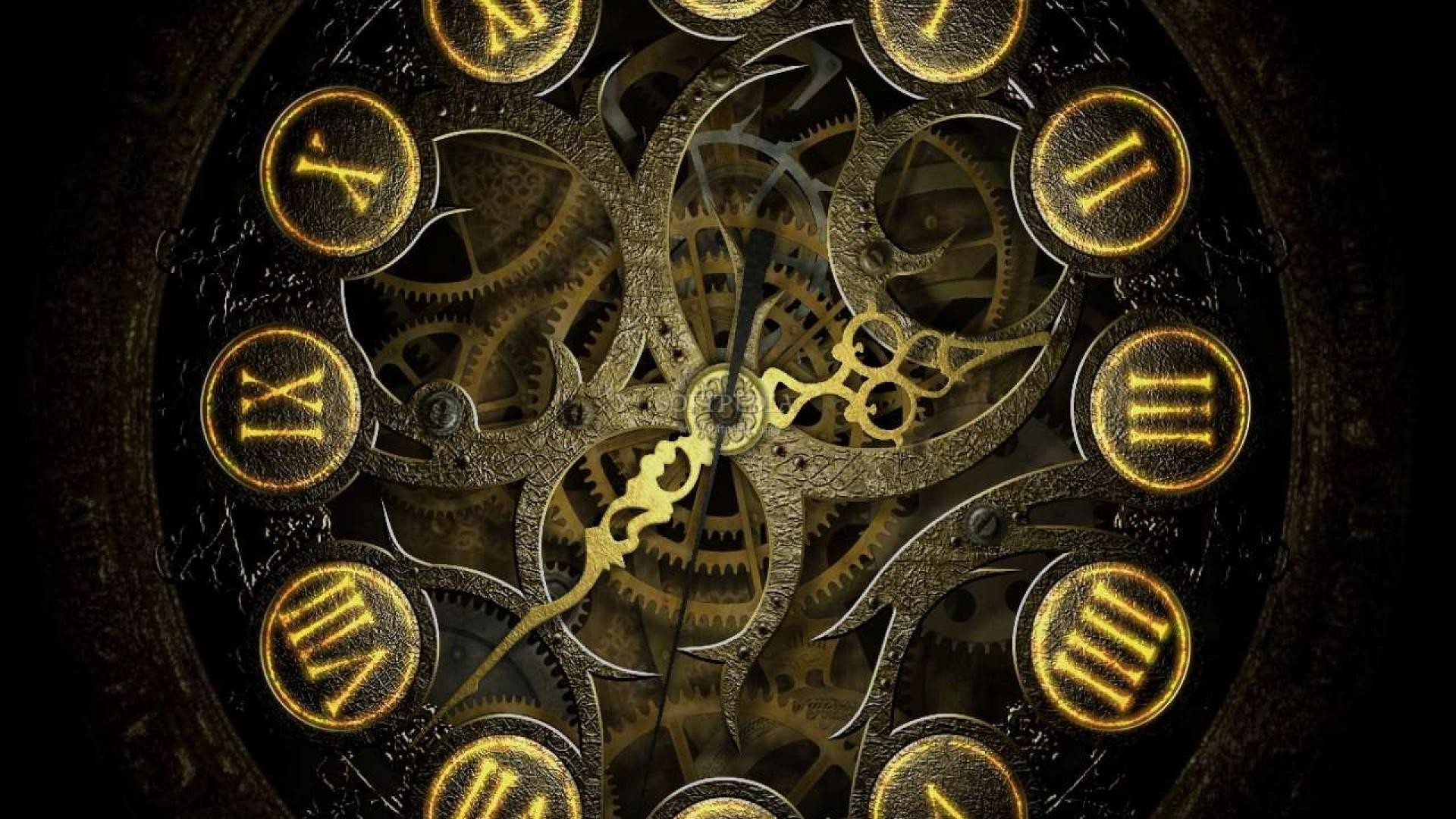 Orologio, Numeri romani, Ingranaggi, Oro, 1920x1080, immagine di sfondo