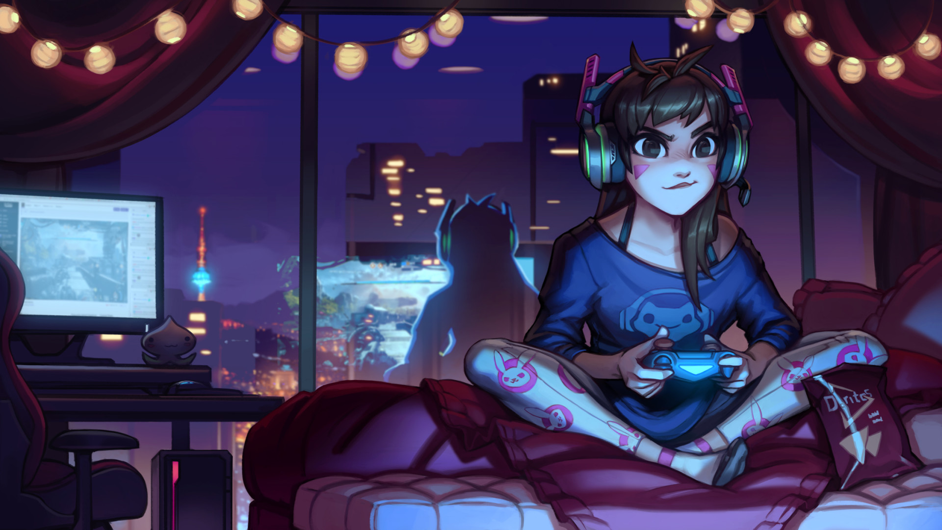 D.Va, Overwatch, Videogiocatrice, Camera, Notte, 1920x1080, sfondo per PC