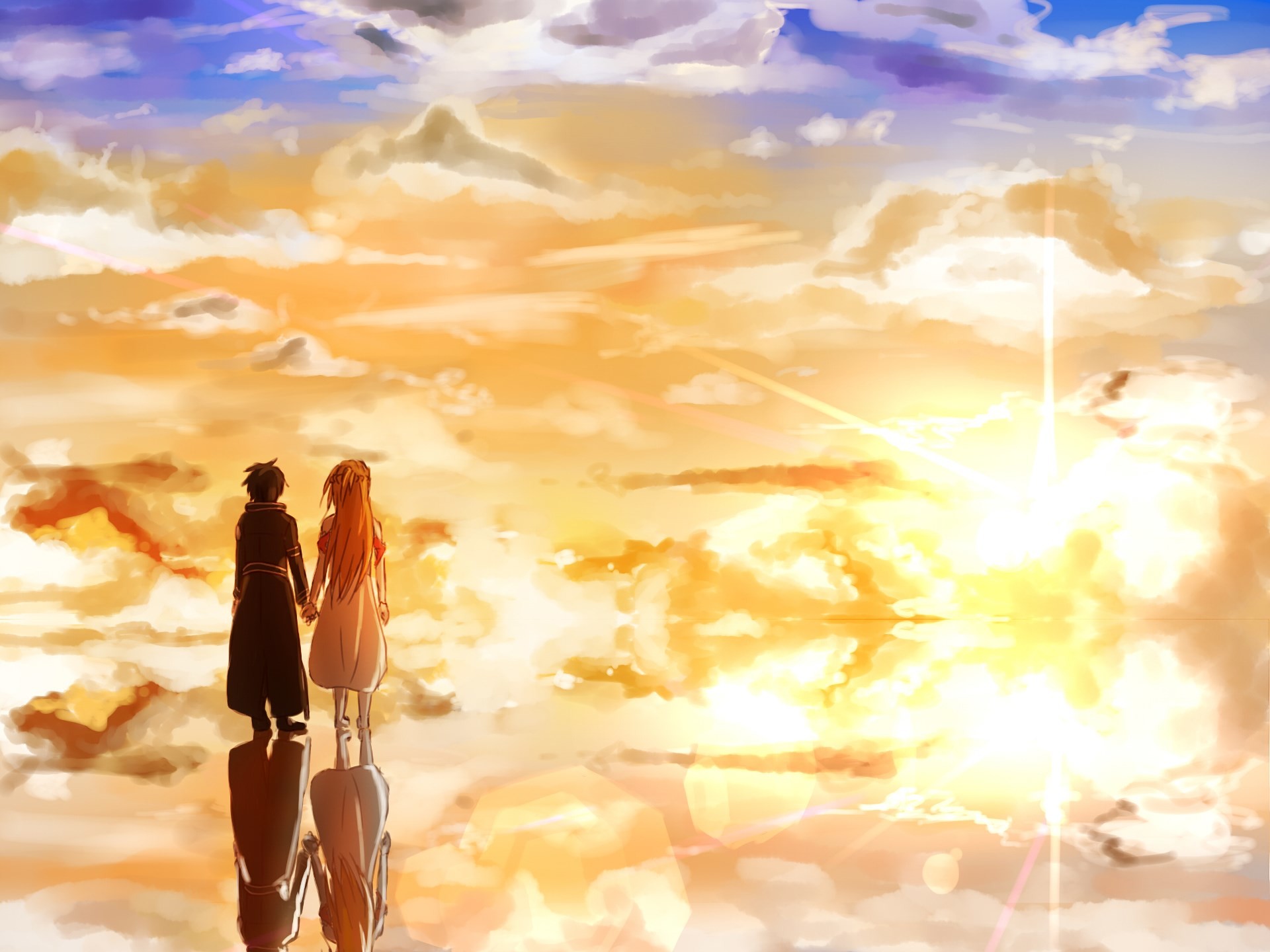 Kirito, Asuna, Sword Art Online, Tramonto, Nuvole dorate, Full HD, sfondo per iPad e tablet