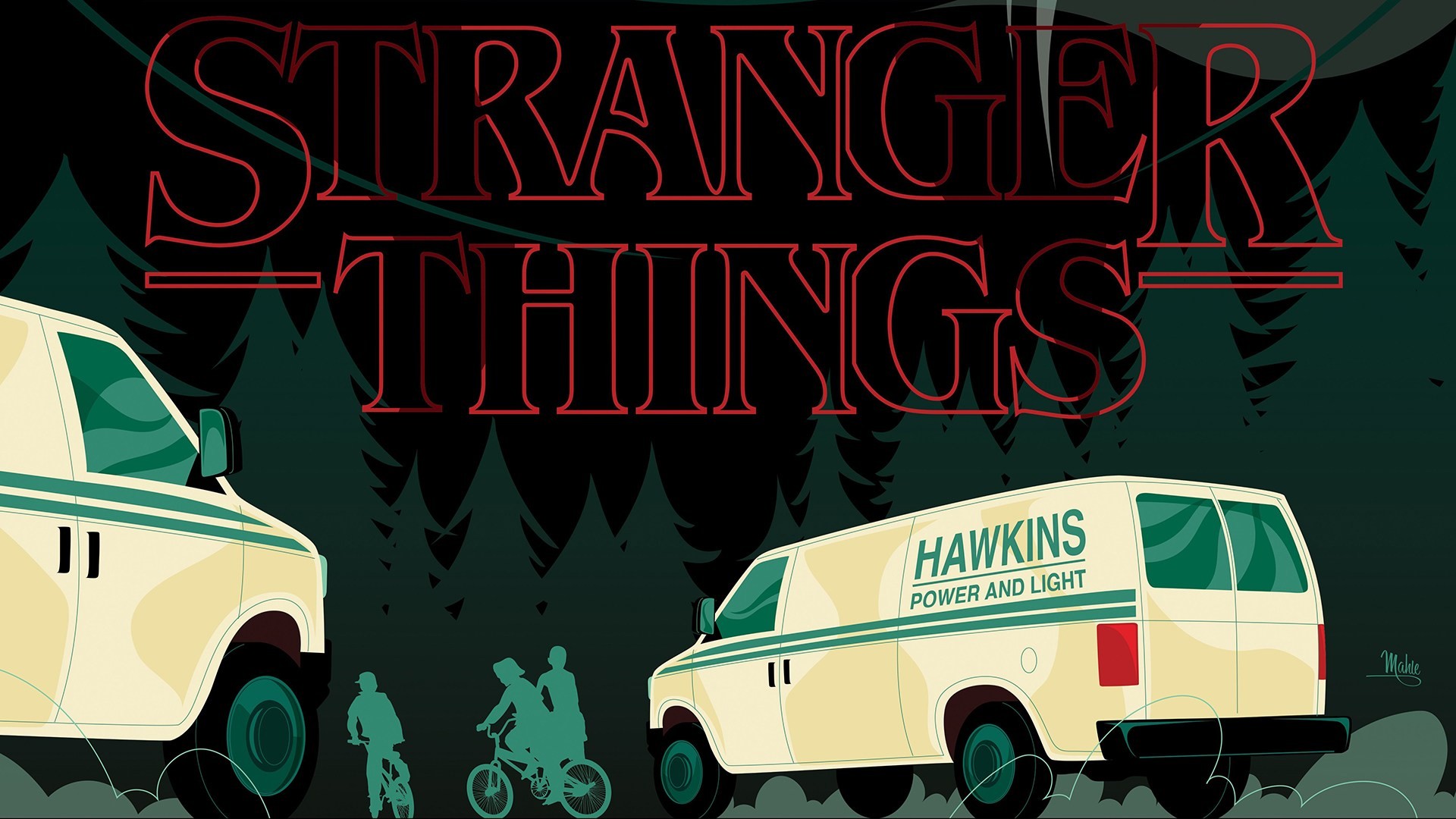 Stranger Things, Hawkins Power and Light, Furgoni, Illustrazione, sfondo Full HD per PC