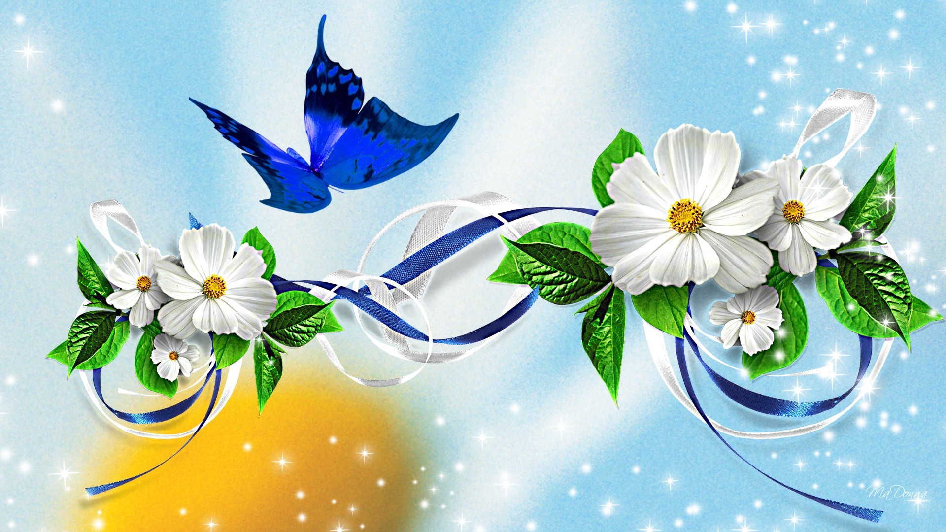 Fiori bianchi, Farfalla blu, Nastri, Arte digitale, Full HD, sfondo per portatile