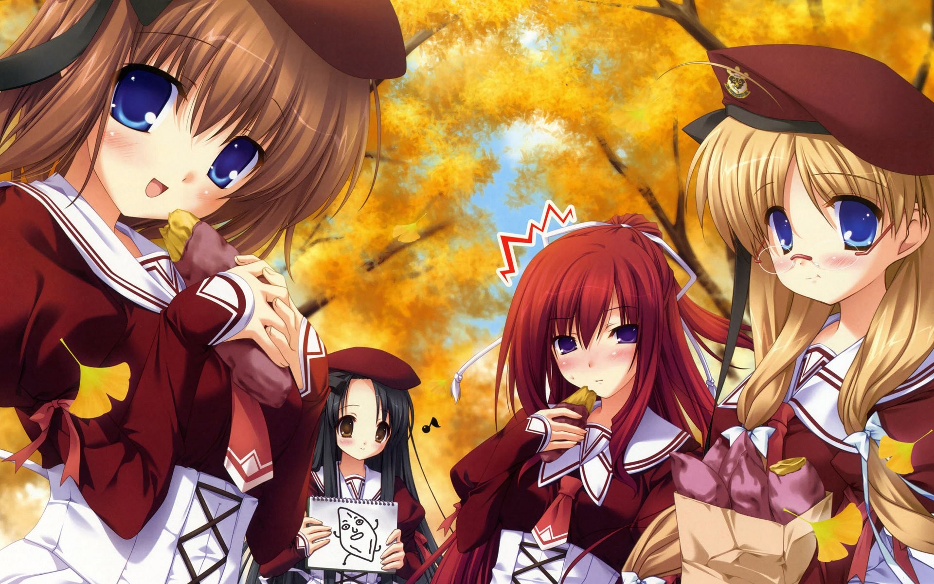 Ragazze anime, Autunno, Uniformi scolastiche, Berretti, 1920x1200, sfondo per PC