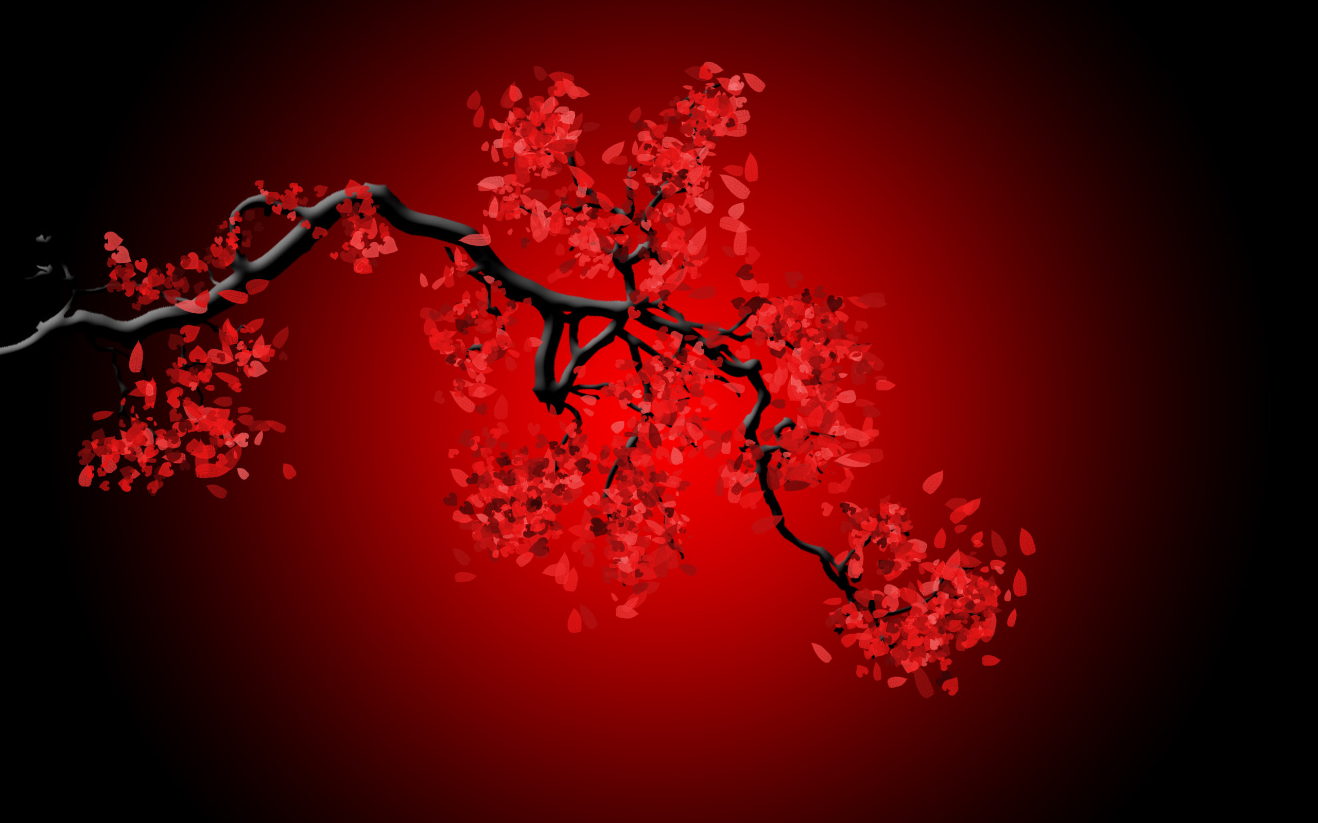Ramo fiorito, Fiori rossi, Sfondo rosso, Arte digitale, 2K, wallpaper per computer