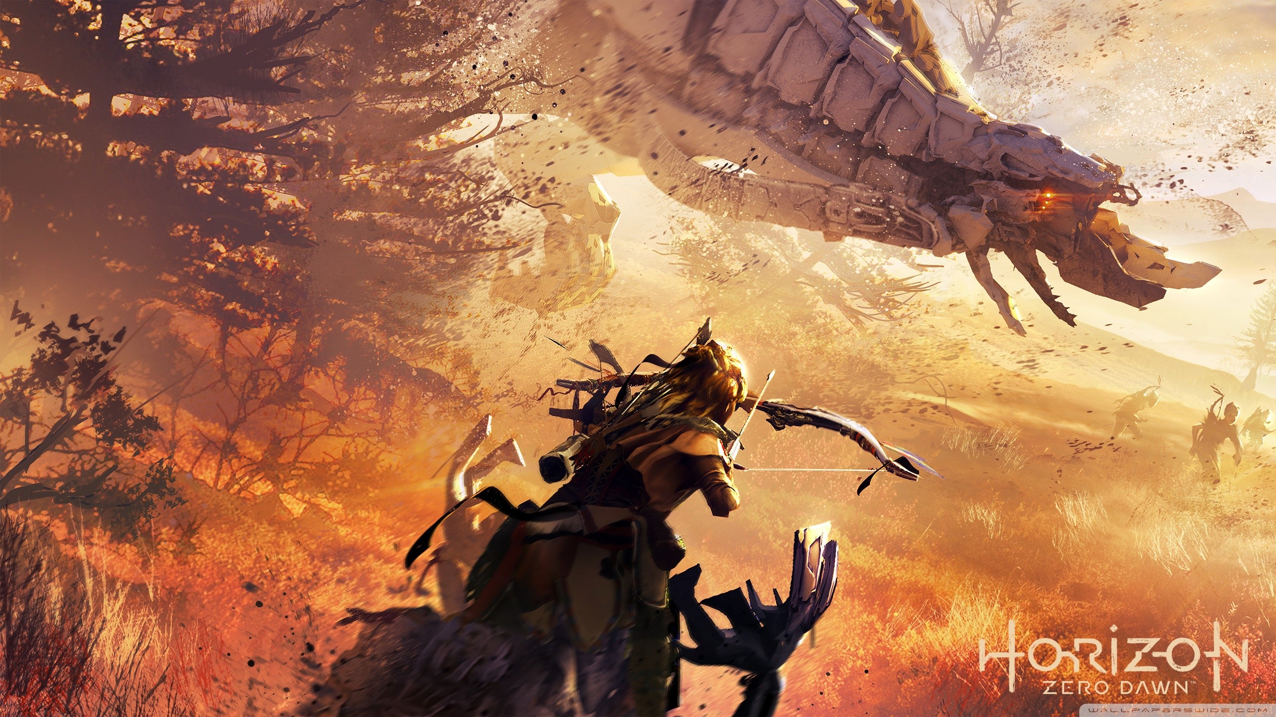 Aloy, Horizon Zero Dawn, Stormbird, Tramonto, 2560x1440, immagine di sfondo
