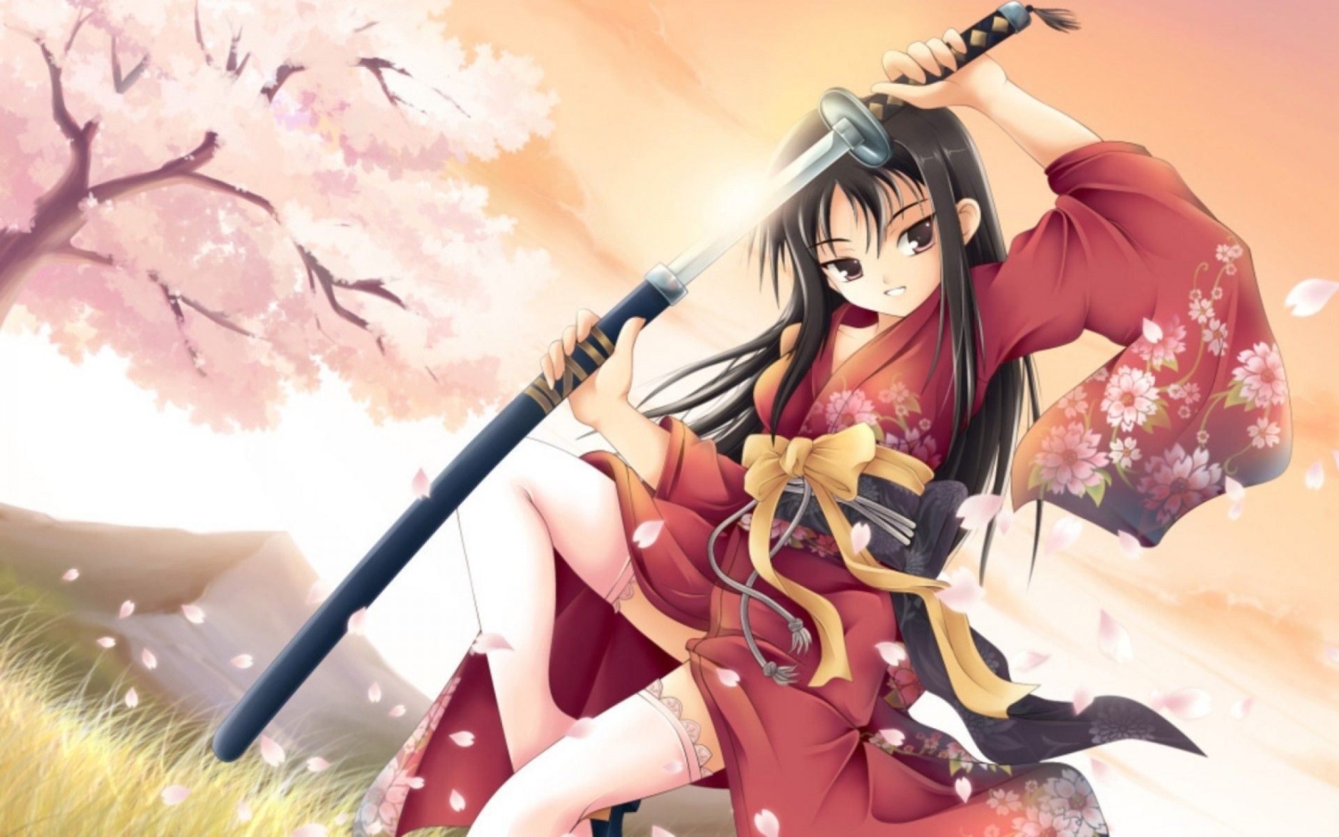 Ragazza samurai, Anime, Kimono, Ciliegi in fiore, 16:10 Full HD, sfondo widescreen