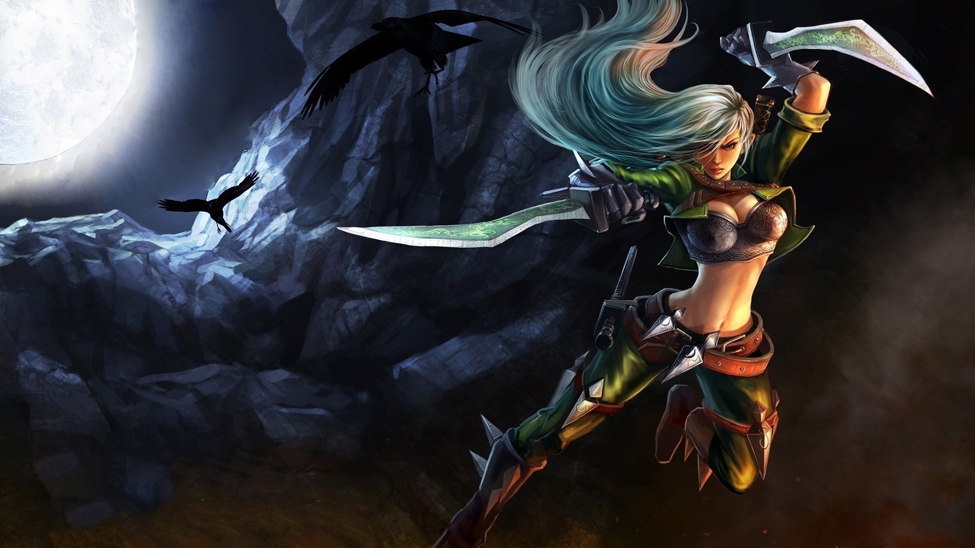 Katarina, League of Legends, Corvi, Luna, Full HD, sfondo Windows 11