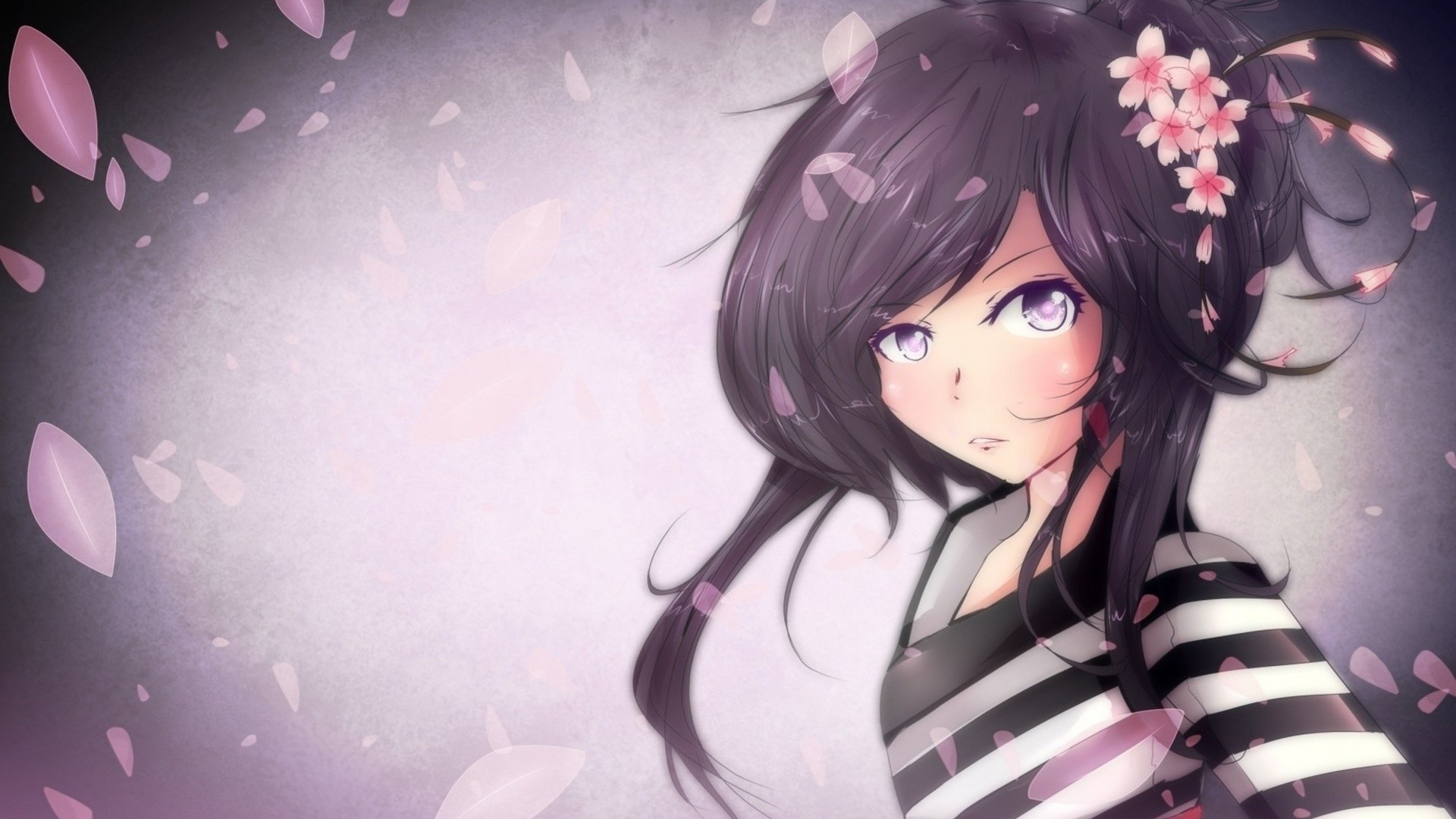 Ragazza anime, Fiori di ciliegio, Maglia a righe, Petali, Full HD, wallpaper per computer