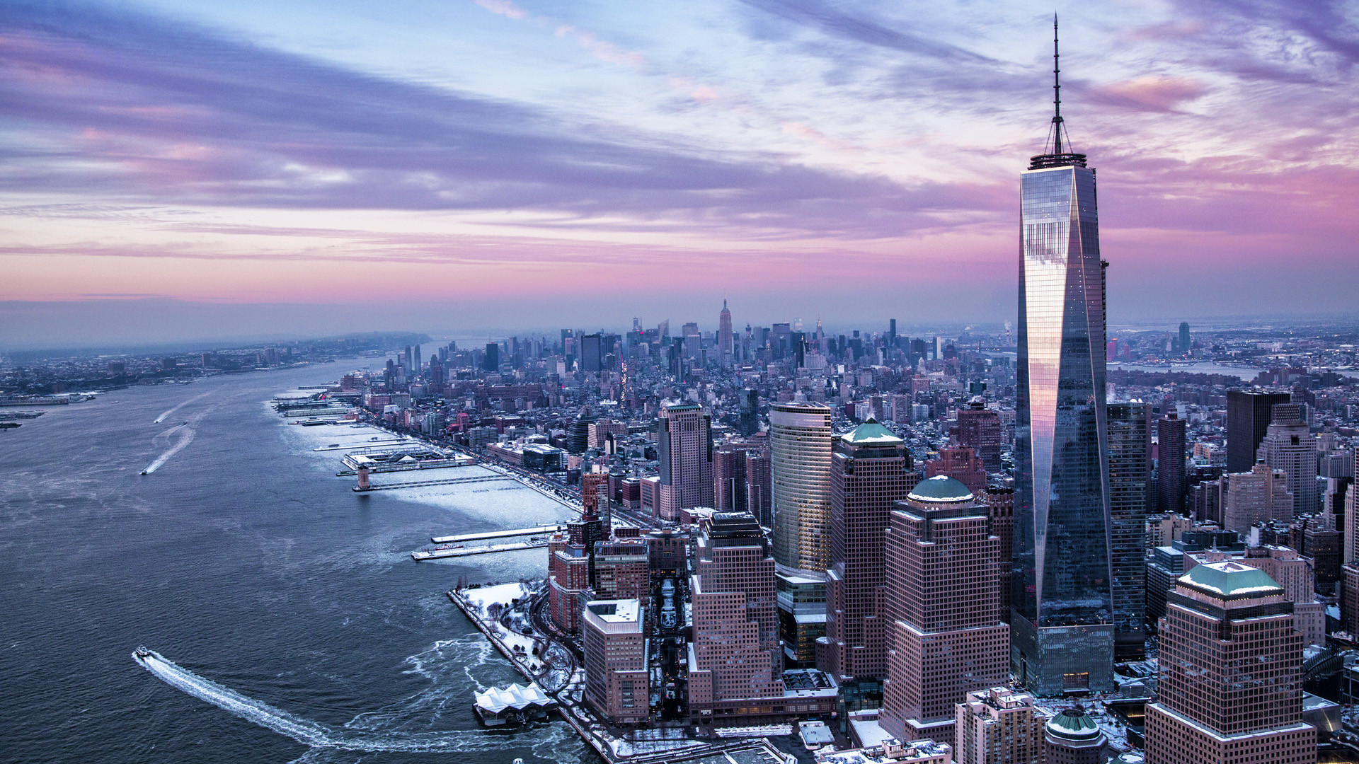 One World Trade Center, Lower Manhattan, New York, Hudson, Vista aerea, sfondo 1920x1080 per PC