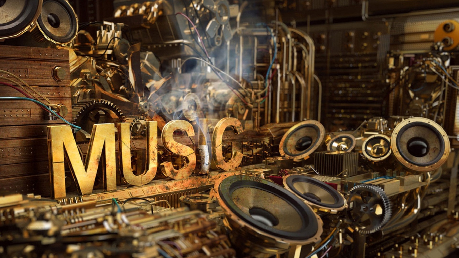 Music, Altoparlanti, Ottone, Steampunk, 3D, Full HD, sfondo per portatile