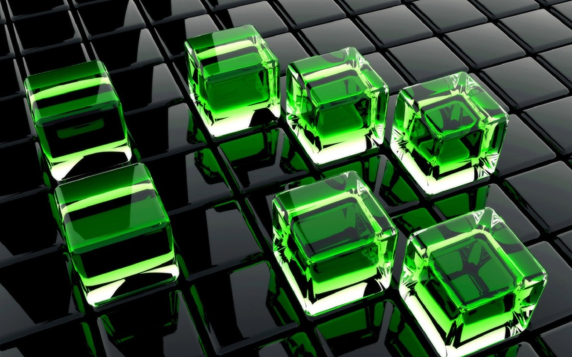 Cubi di vetro, Verde, Rendering 3D, Griglia, Full HD, sfondo per PC