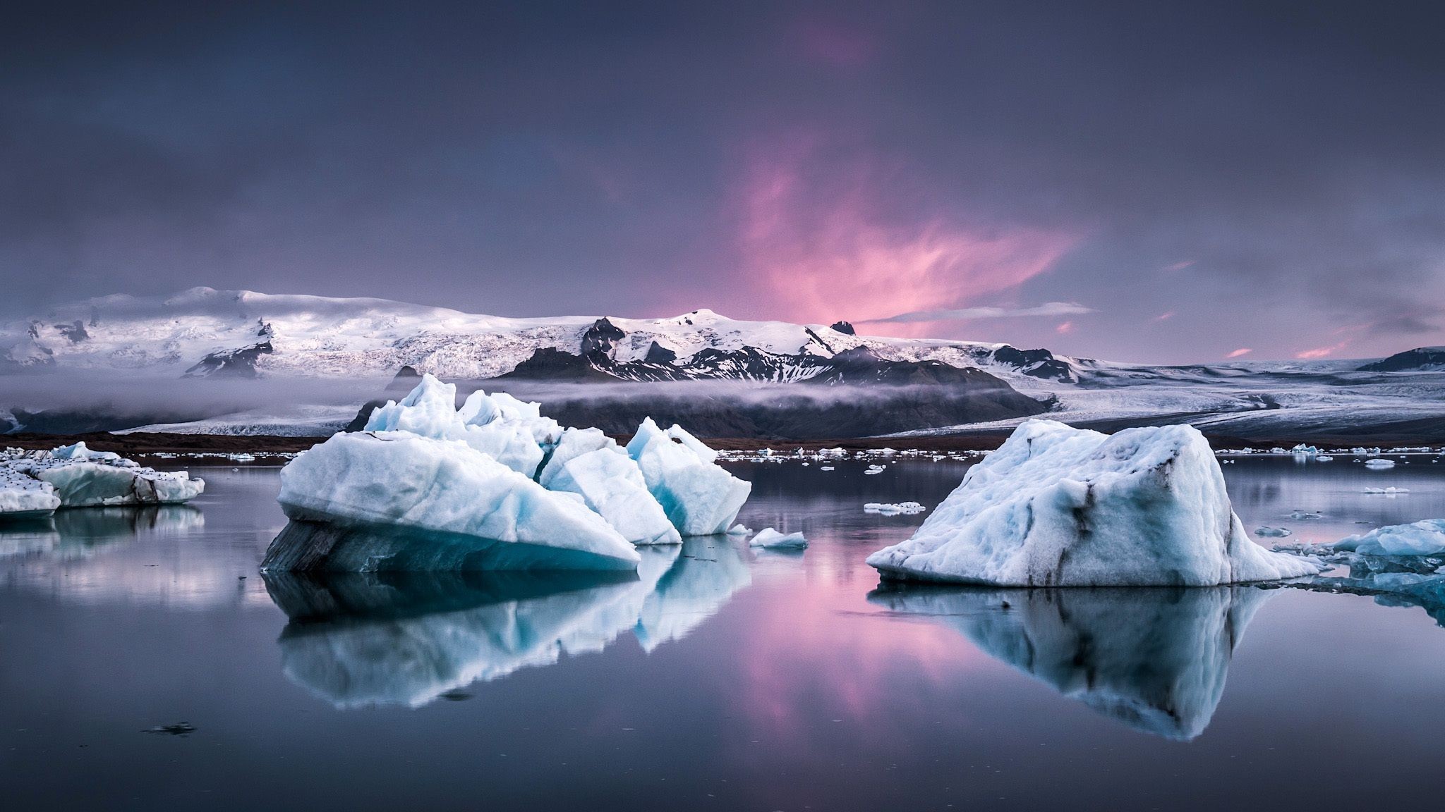 Jökulsárlón, Islanda, Iceberg, Laguna glaciale, Crepuscolo, Full HD, wallpaper desktop
