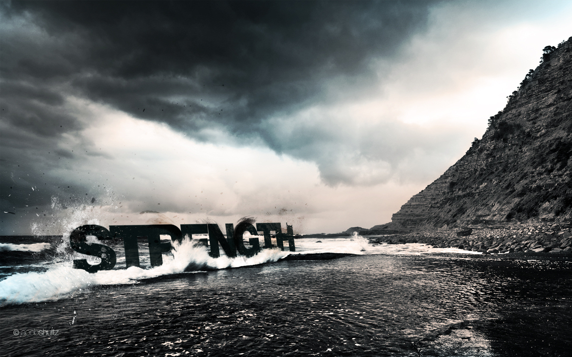 Strength, Tipografia 3D, Mare in tempesta, Scogliera, 16:10 Full HD, sfondo widescreen