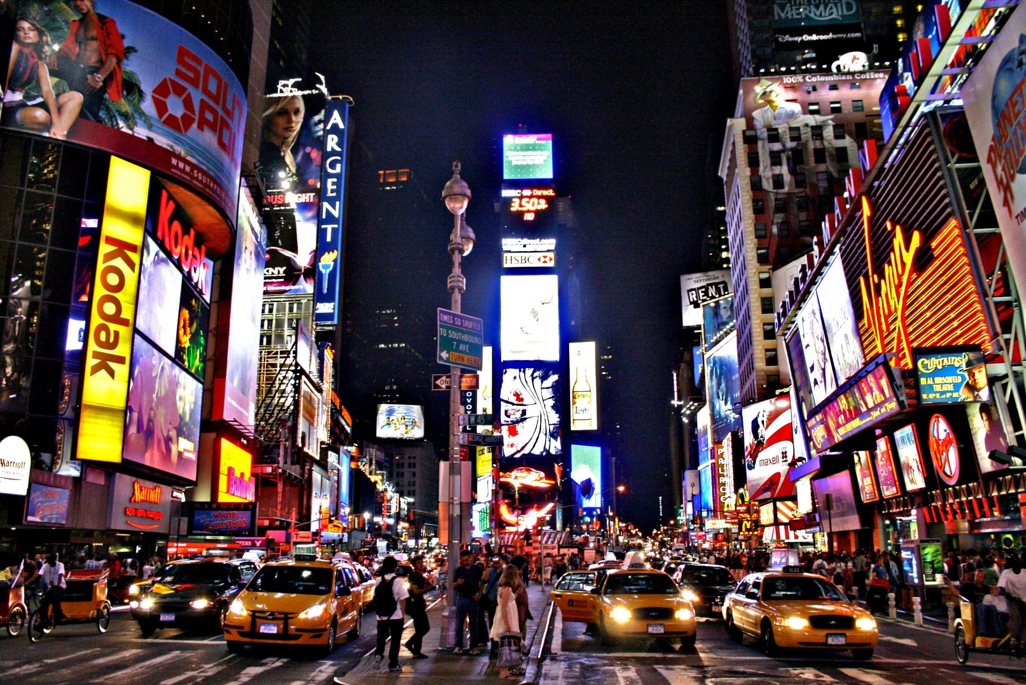 Times Square, New York, Notte, Taxi gialli, Insegne, Full HD, wallpaper desktop