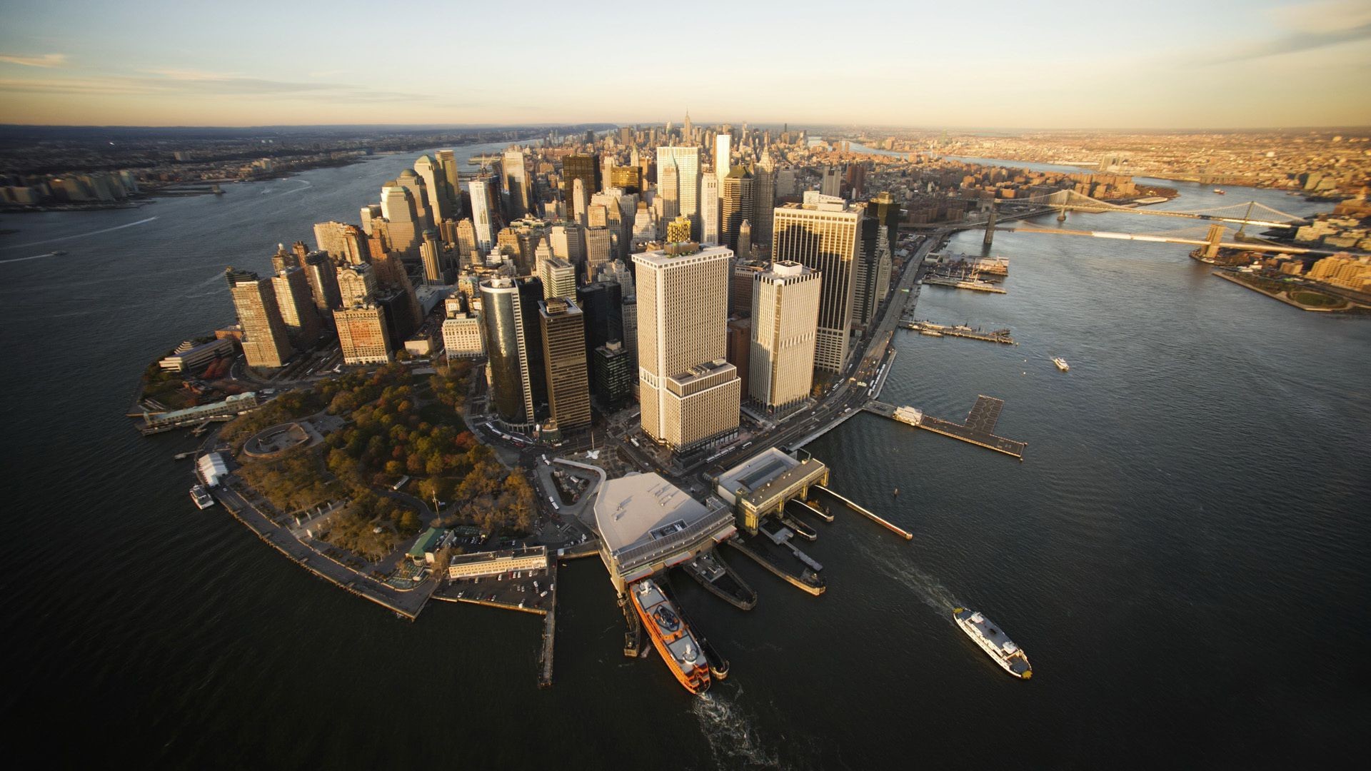 Lower Manhattan, Battery Park, Vista aerea, Porto, 1920x1080, wallpaper desktop