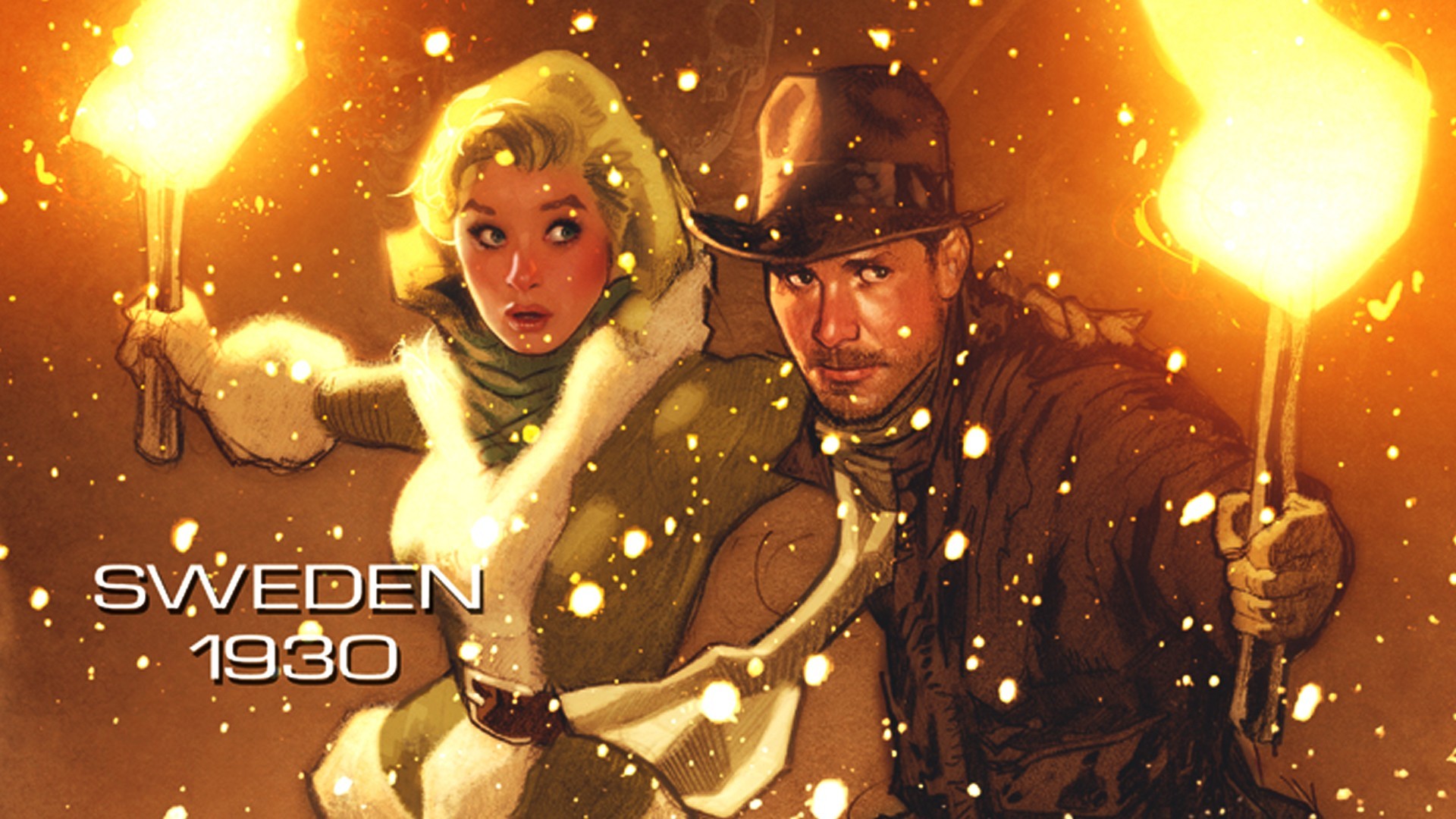 Indiana Jones, Svezia 1930, Illustrazione, Torce, Full HD, sfondo per PC e portatile