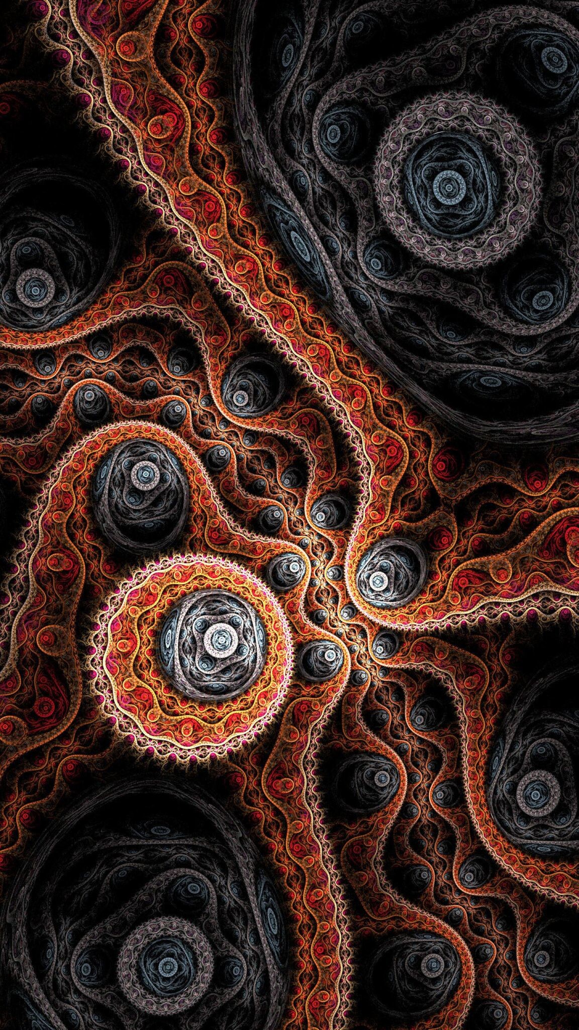 Frattale, Spirali, Arancione, Arte astratta, Sfondo nero, Full HD, schermata di blocco del cellulare
