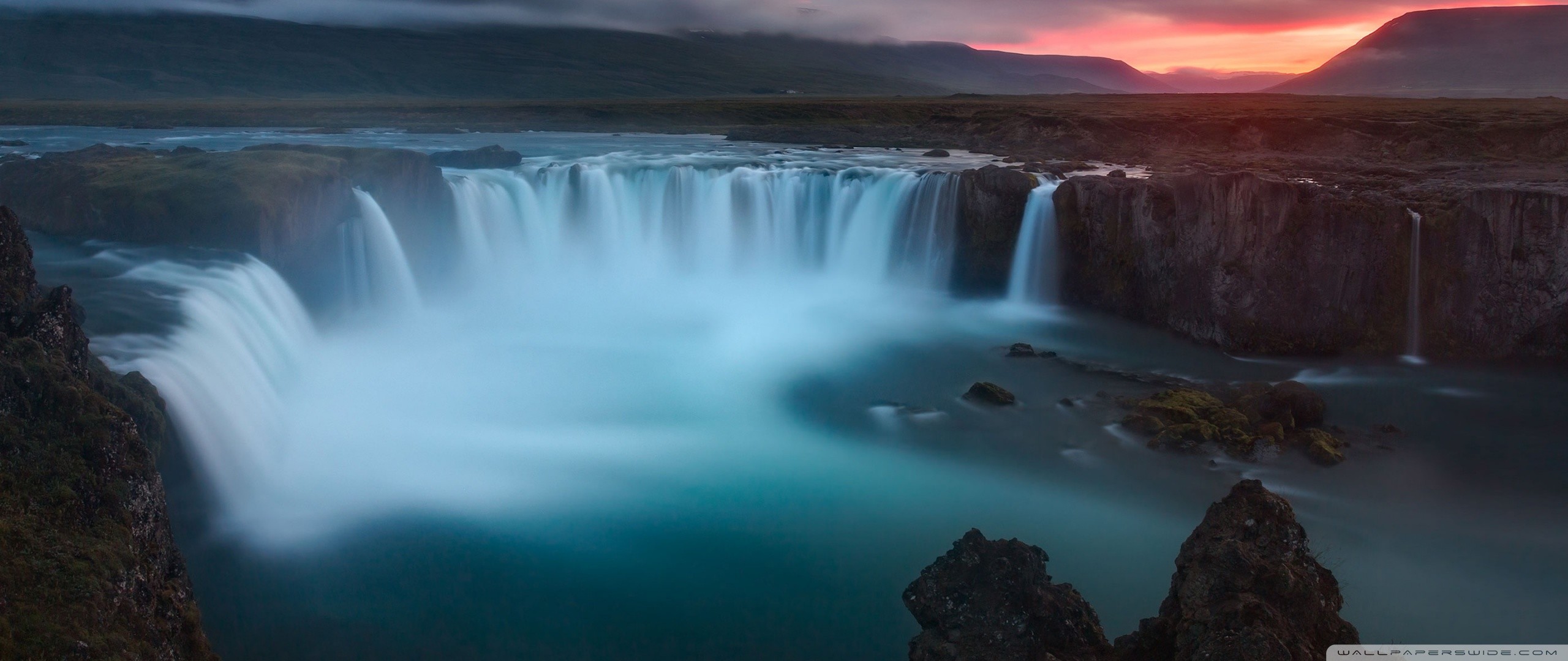 Goðafoss, Islanda, Cascata, Crepuscolo, 2560x1080, wallpaper desktop