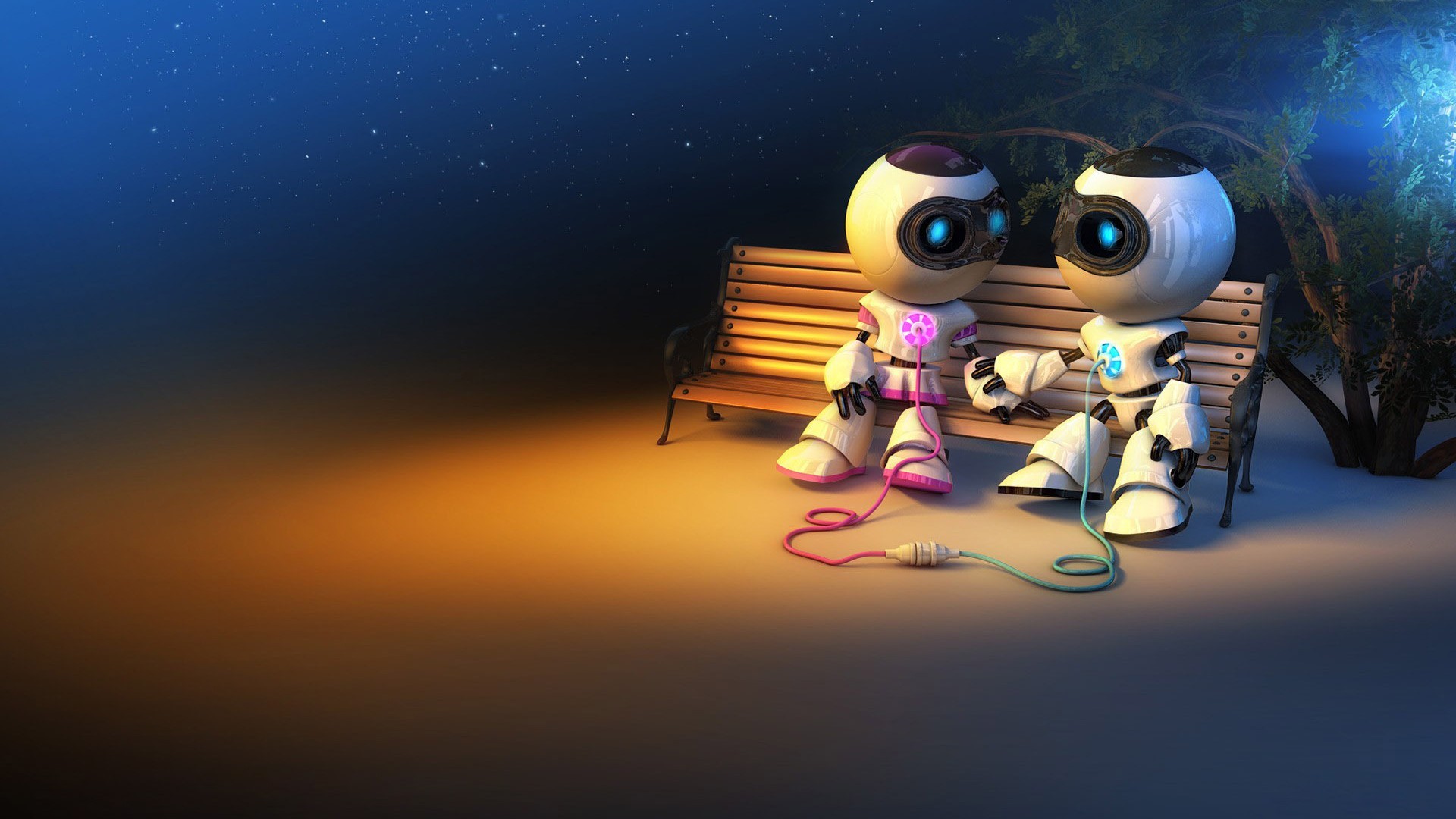 Robot, Panchina, Coppia, Notte, Illustrazione, Full HD, sfondo per PC