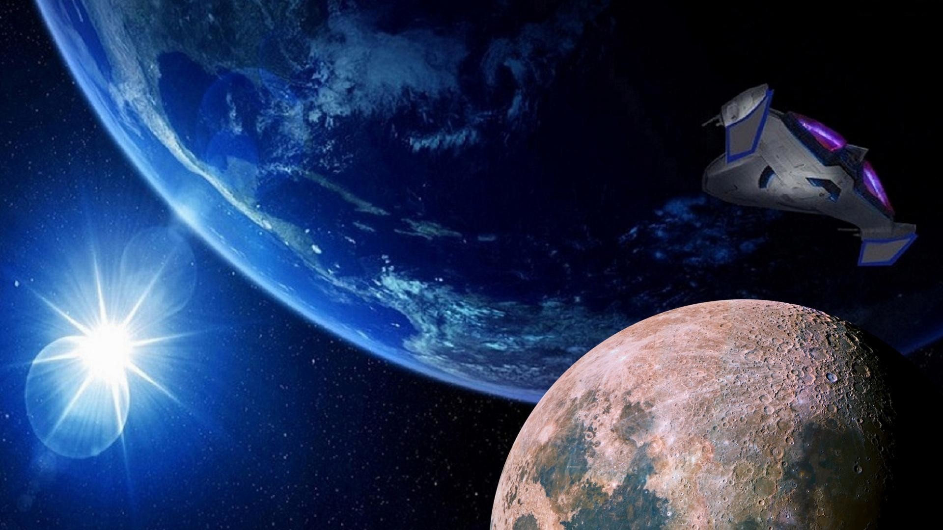 Terra, Luna, Astronave, Spazio, Arte digitale, Full HD, sfondo per PC e portatile
