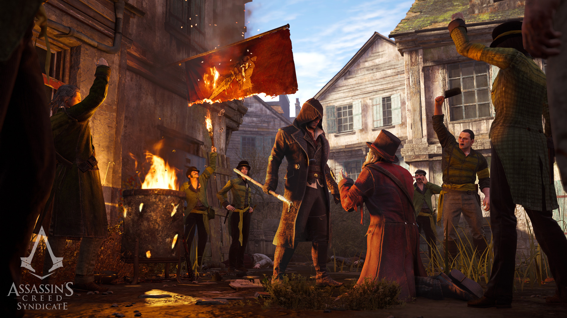 Assassin's Creed Syndicate, Banda dei Rooks, Bandiera, Fuoco, Strada, sfondo 16:9 Full HD