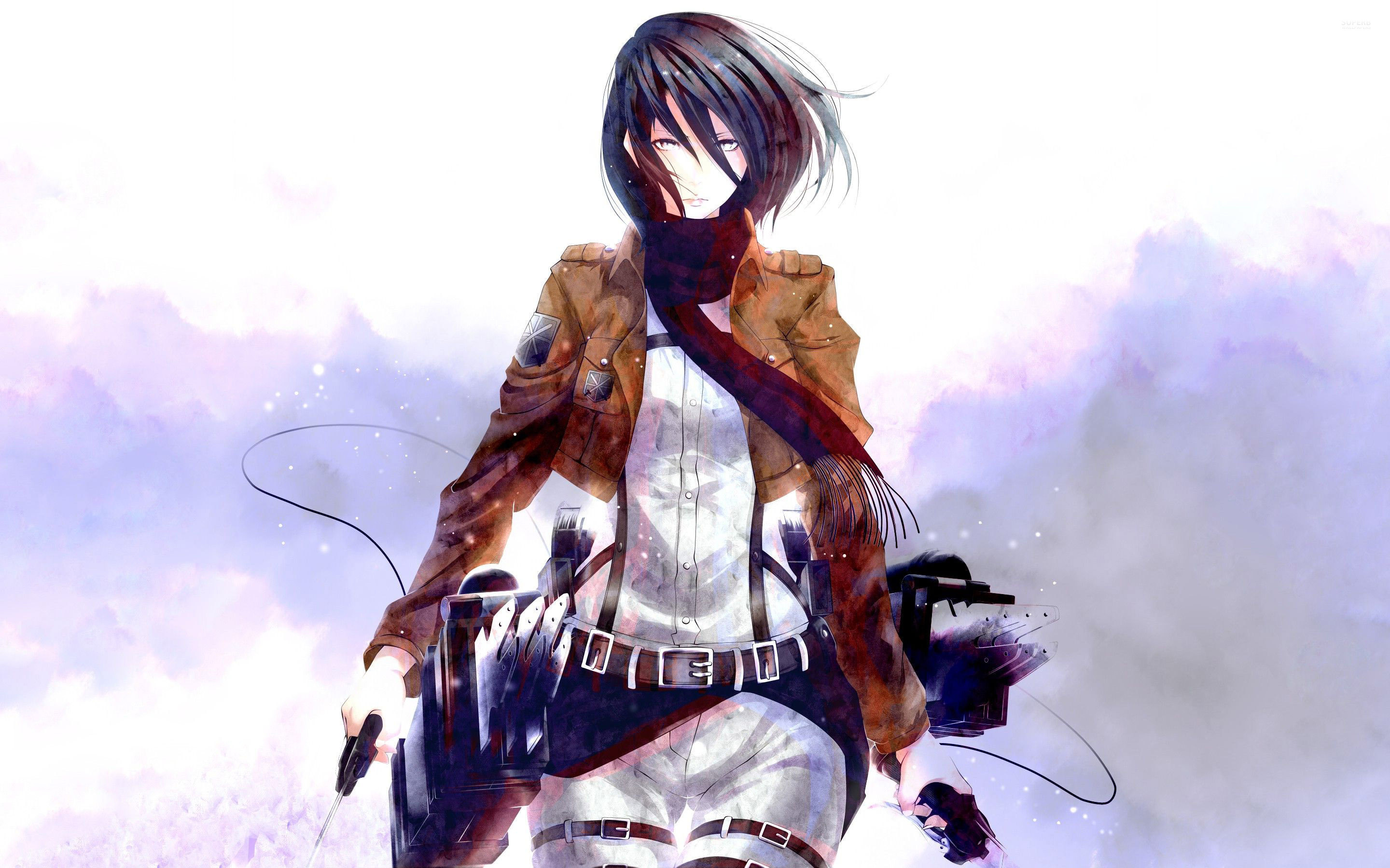 Mikasa Ackerman, L'attacco dei giganti, Sciarpa rossa, Sfondo bianco, wallpaper 2880x1800