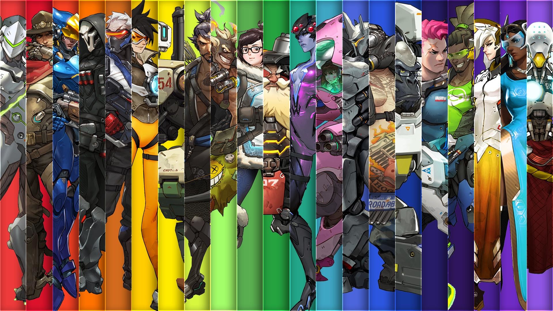 Eroi di Overwatch, Overwatch, Strisce colorate, Arcobaleno, Full HD, sfondo per portatile