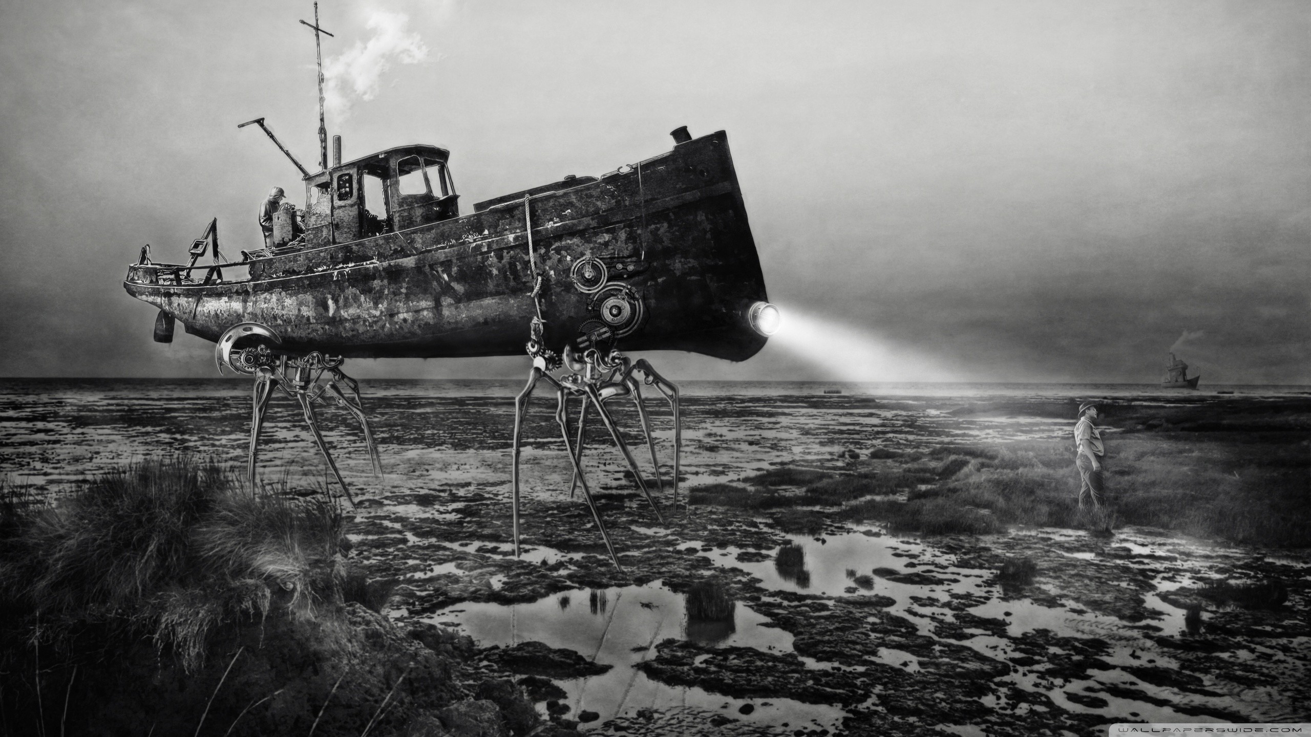 Nave con zampe, Surreale, Bianco e nero, Steampunk, 2K 1440p, sfondo desktop
