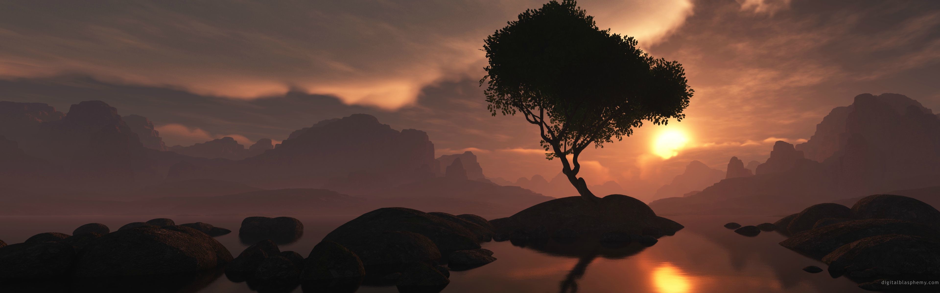 Albero, Tramonto, Rocce, Lago, Silhouette, Full HD, sfondo Windows 11