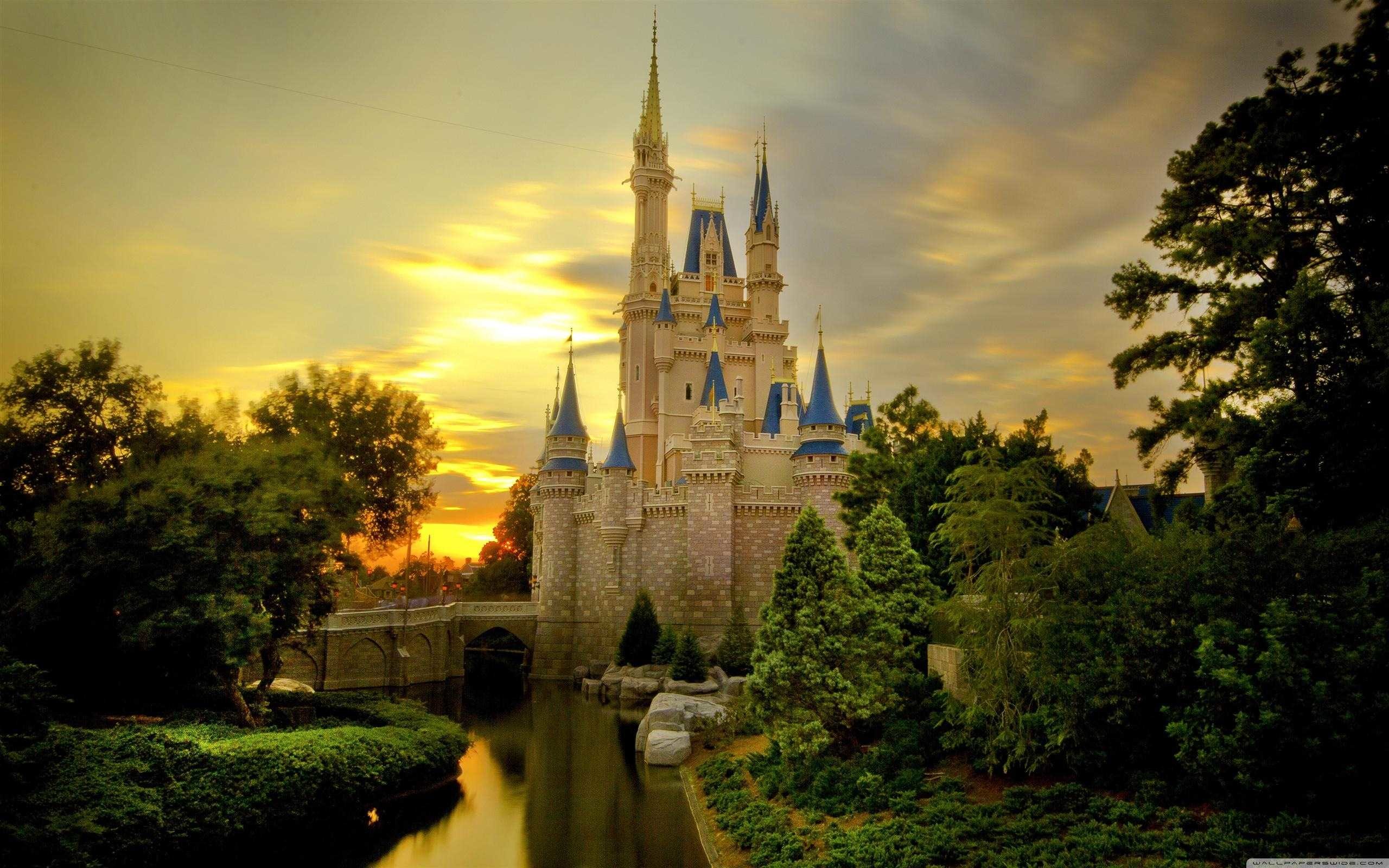 Castello di Cenerentola, Walt Disney World, Tramonto, Fossato, 2560x1600, immagine di sfondo