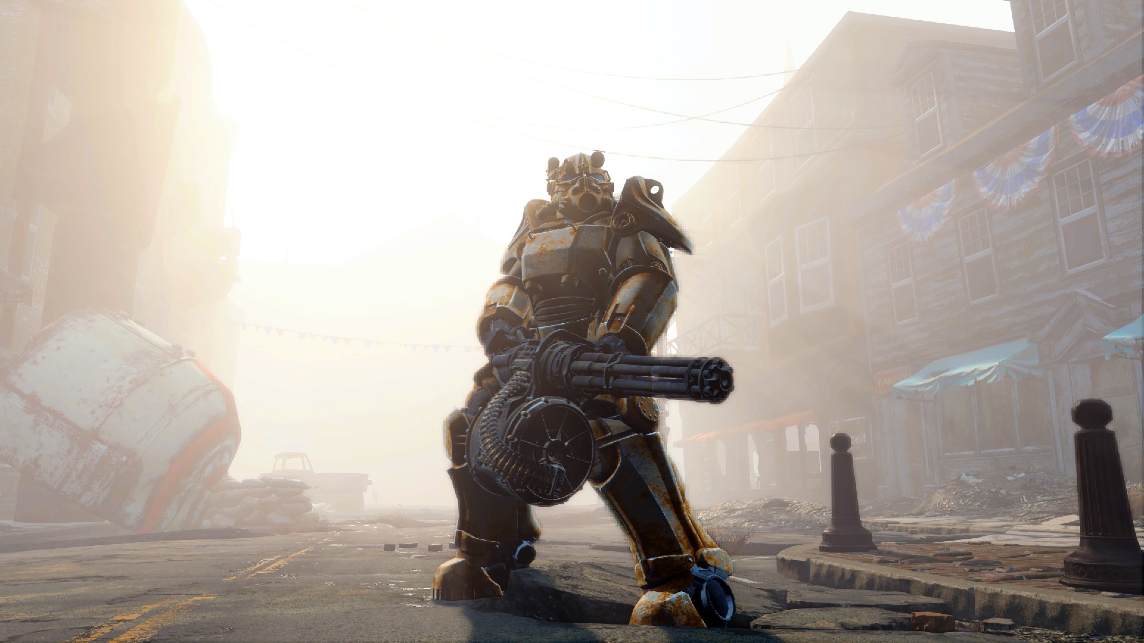 Fallout 4, Armatura atomica, Minigun, Nebbia, 4K, sfondo Windows 11