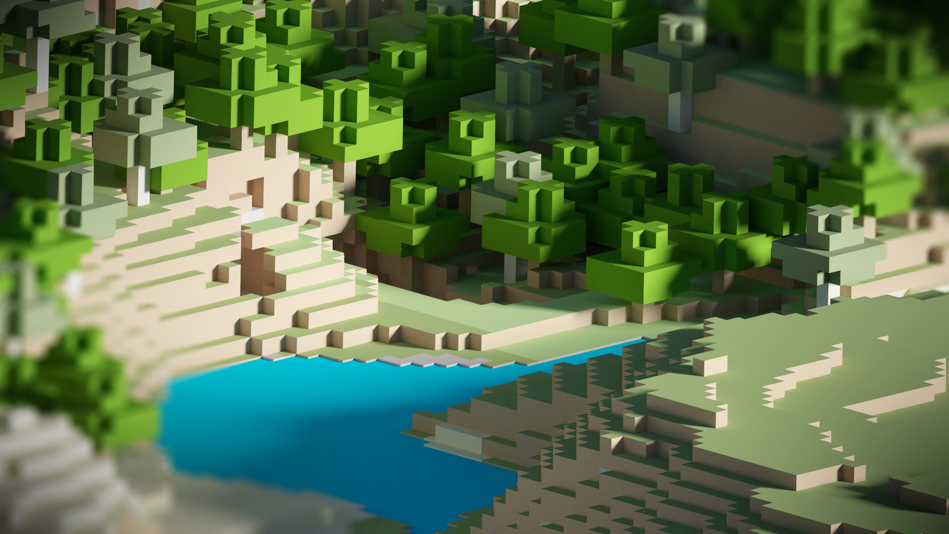 Minecraft, Paesaggio, Spiaggia, Lago, Tilt-shift, 16:9 Full HD, sfondo widescreen