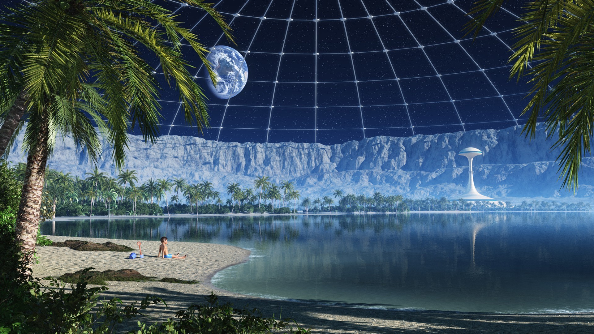 Cupola, Spiaggia, Luna, Fantascienza, 1920x1080, sfondo per PC