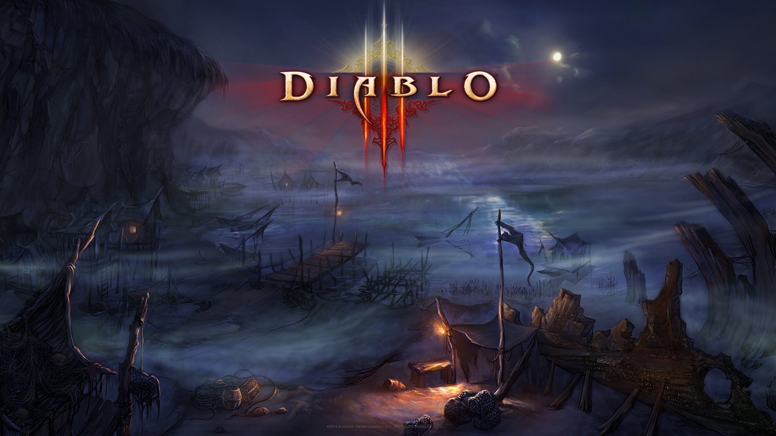 Diablo III, Logo, Città in rovina, Notte, 2560x1440, immagine di sfondo