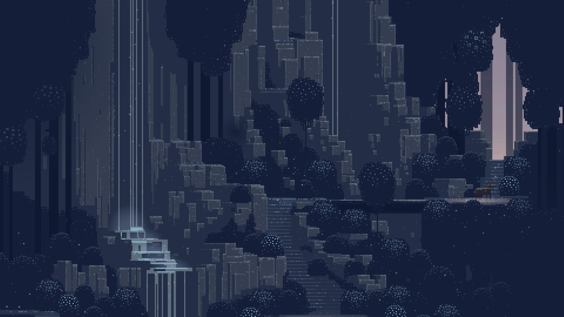 Pixel art, Città fantasy, Cascata, Toni blu, Full HD 1080p, sfondo desktop