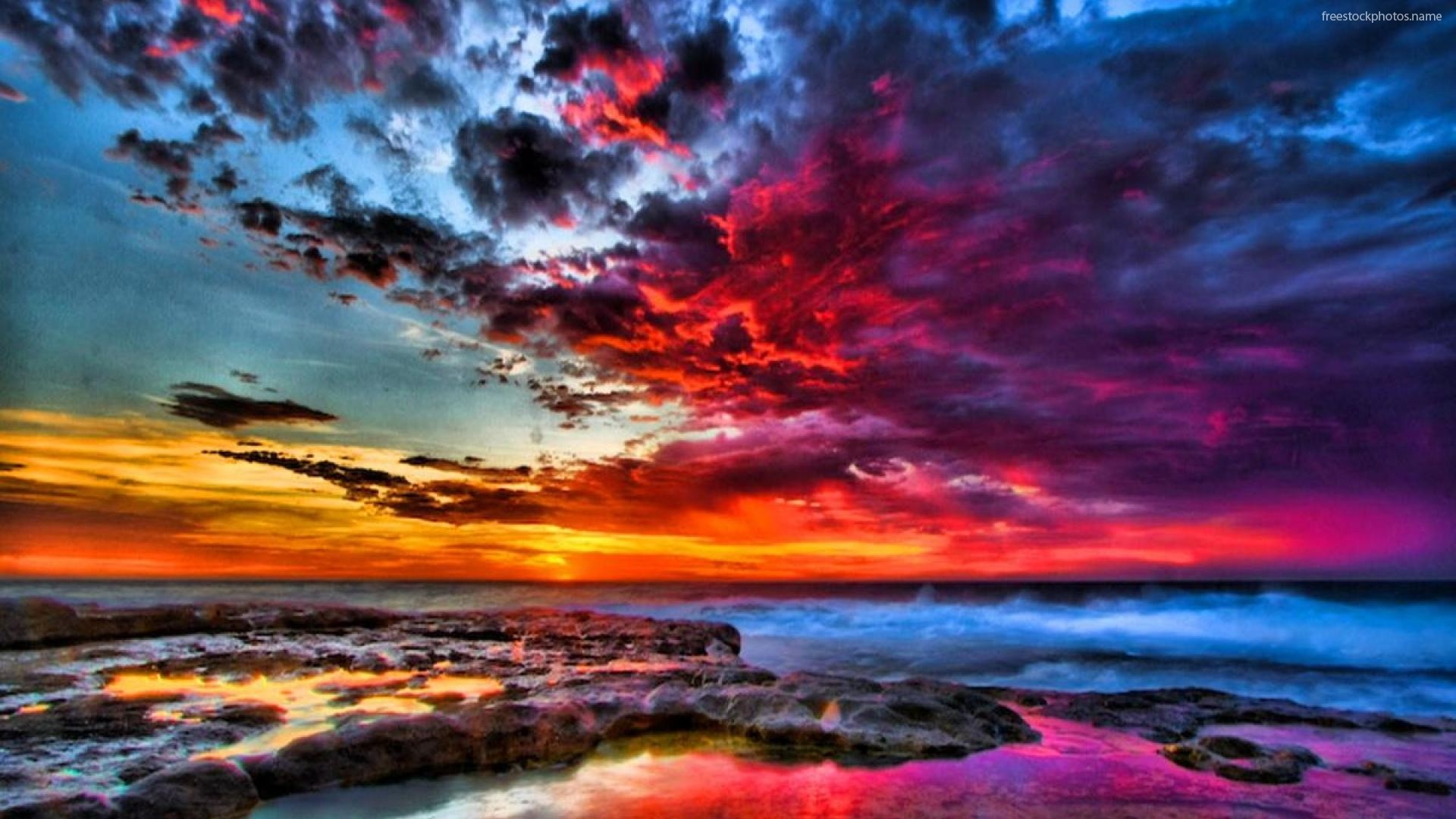 Nuvole drammatiche, Costa rocciosa, Tramonto, Rosso e blu, Full HD, wallpaper per computer