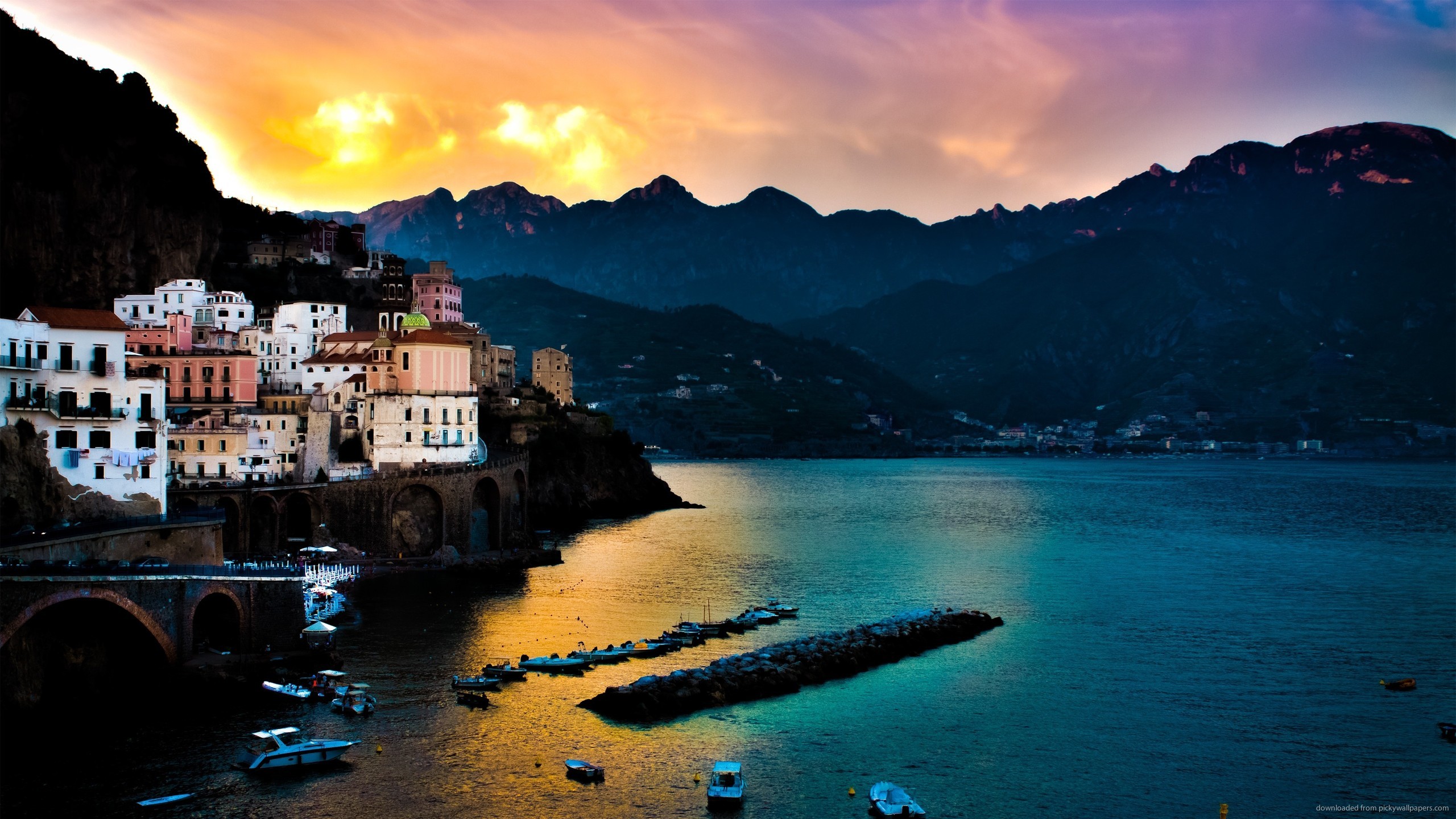 Amalfi, Costiera Amalfitana, Tramonto, Montagne, 2K, wallpaper per computer
