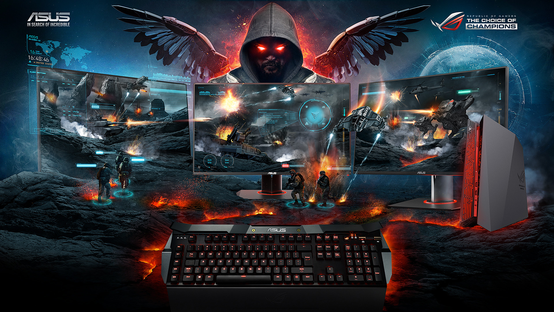 ASUS ROG, The Choice of Champions, Postazione gaming, Battaglia, Guerriero incappucciato, sfondo 1080p