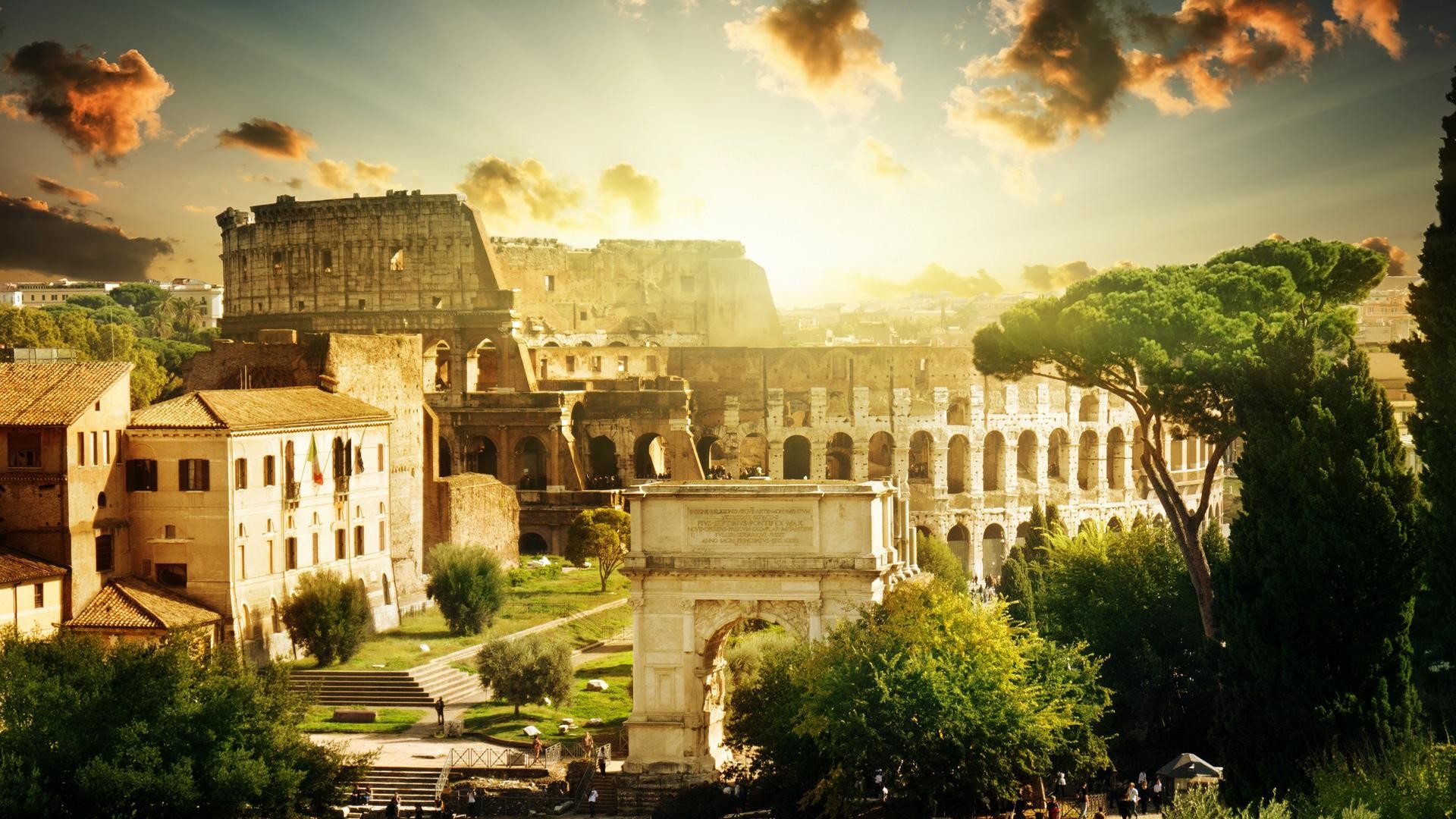 Colosseo, Foro Romano, Arco di Tito, Roma, Raggi di sole, Pini, 16:9 Full HD, sfondo widescreen