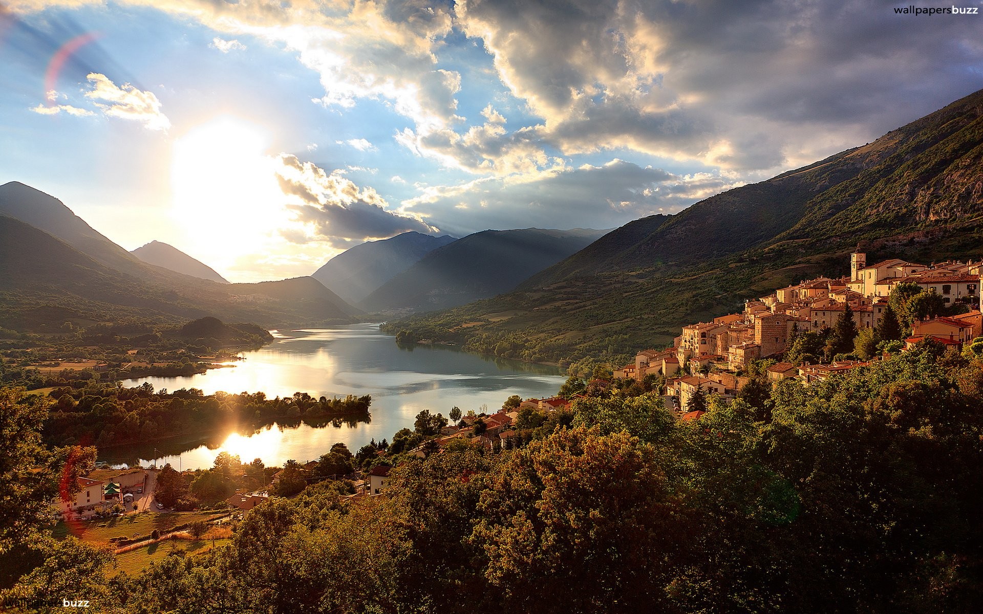 Borgo, Montagne, Lago, 1920x1200, immagine di sfondo
