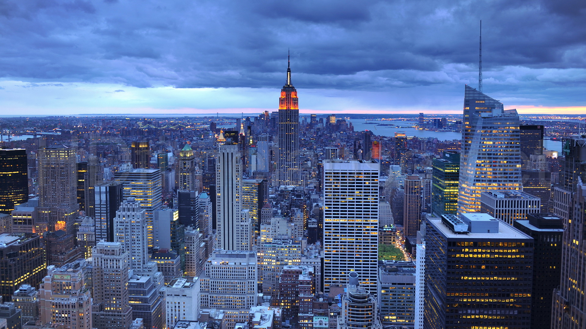 Empire State Building, Manhattan, New York, Crepuscolo, Grattacieli, sfondo 16:9 Full HD