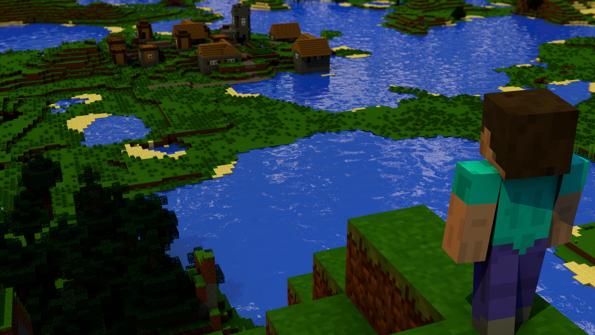 Steve, Minecraft, Villaggio, Lago, Full HD, sfondo per PC