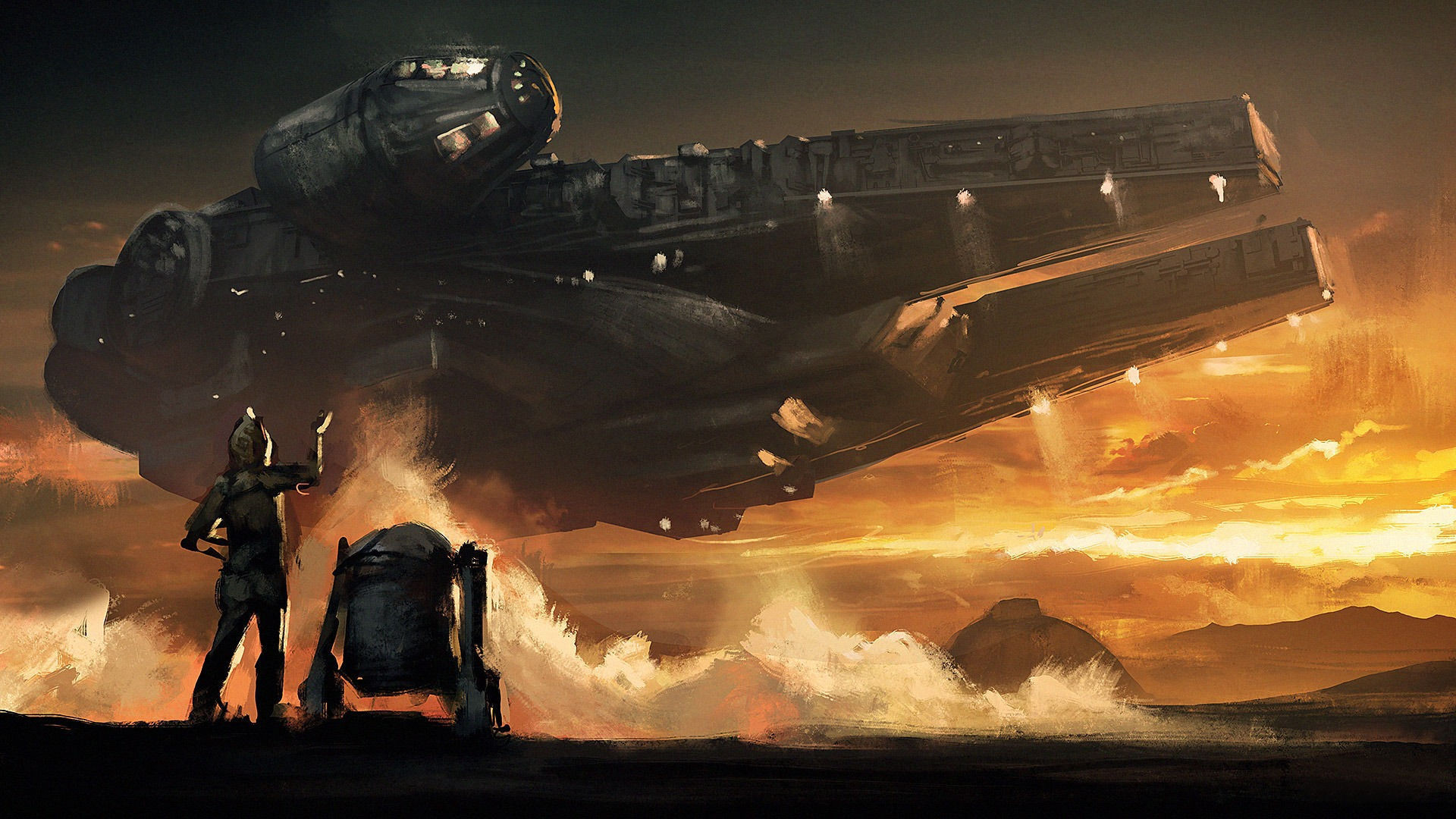 Millennium Falcon, Rey, Jakku, Star Wars: Il risveglio della Forza, Tramonto, sfondo per PC